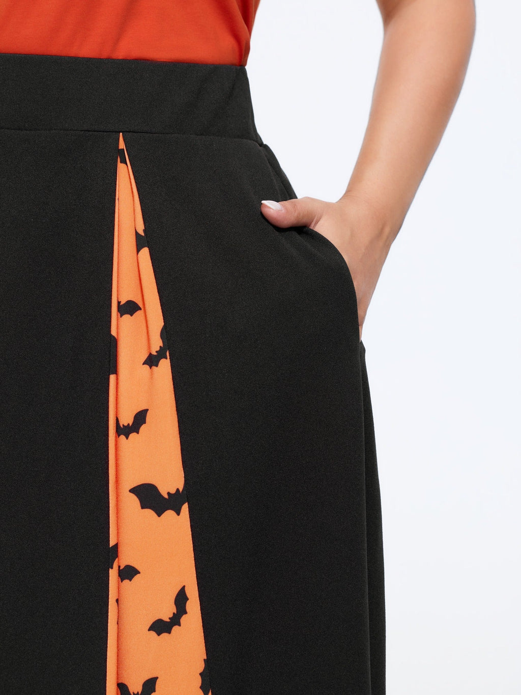 Halloween Bat Print Colorblock Pleated Midi Skirt