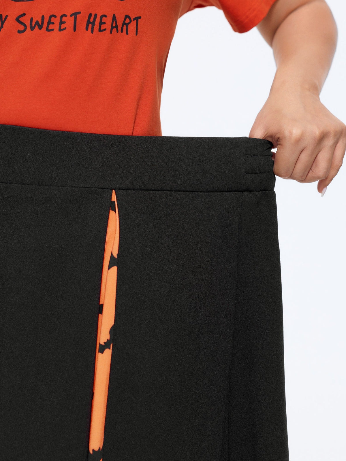 Halloween Bat Print Colorblock Pleated Midi Skirt