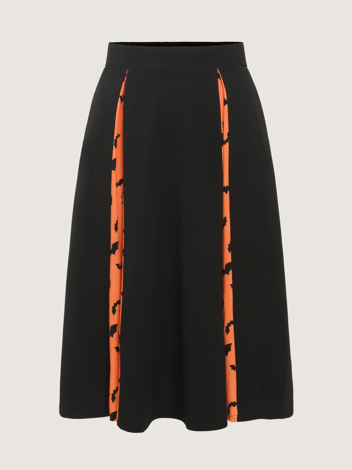 Halloween Bat Print Colorblock Pleated Midi Skirt