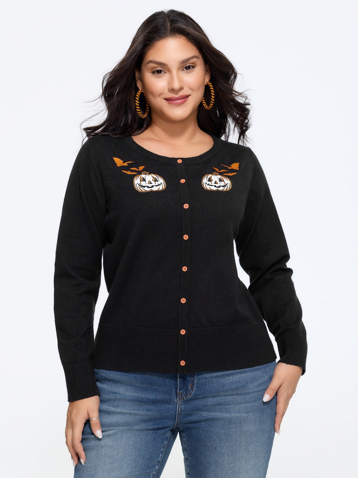 Halloween Pumpkin Bat Embroidery Button Front Cardigan