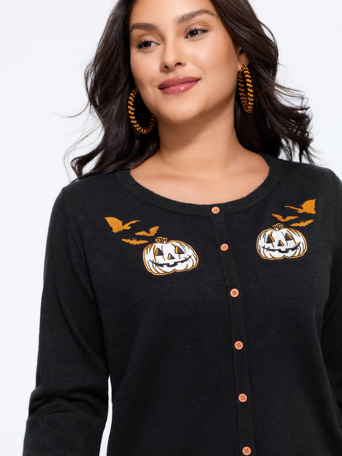 Halloween Pumpkin Bat Embroidery Button Front Cardigan