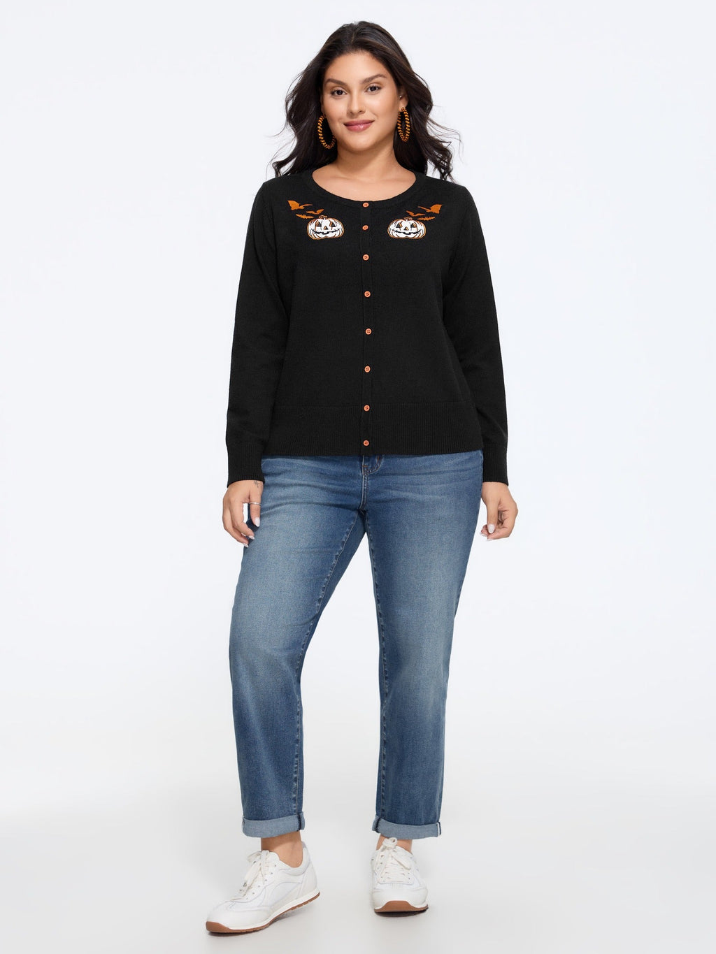 Halloween Pumpkin Bat Embroidery Button Front Cardigan