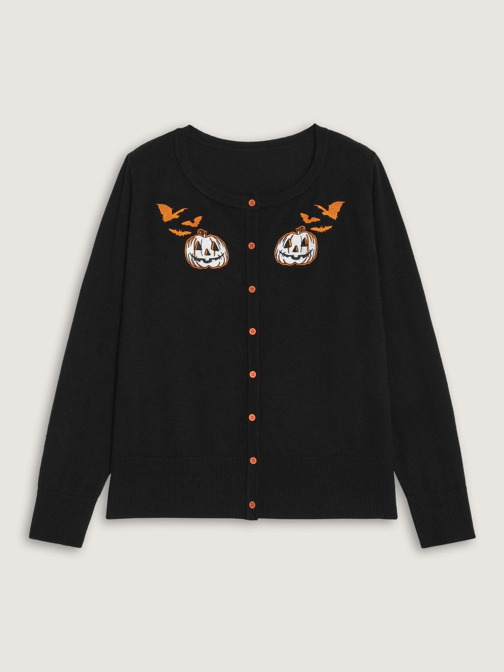 Halloween Pumpkin Bat Embroidery Button Front Cardigan