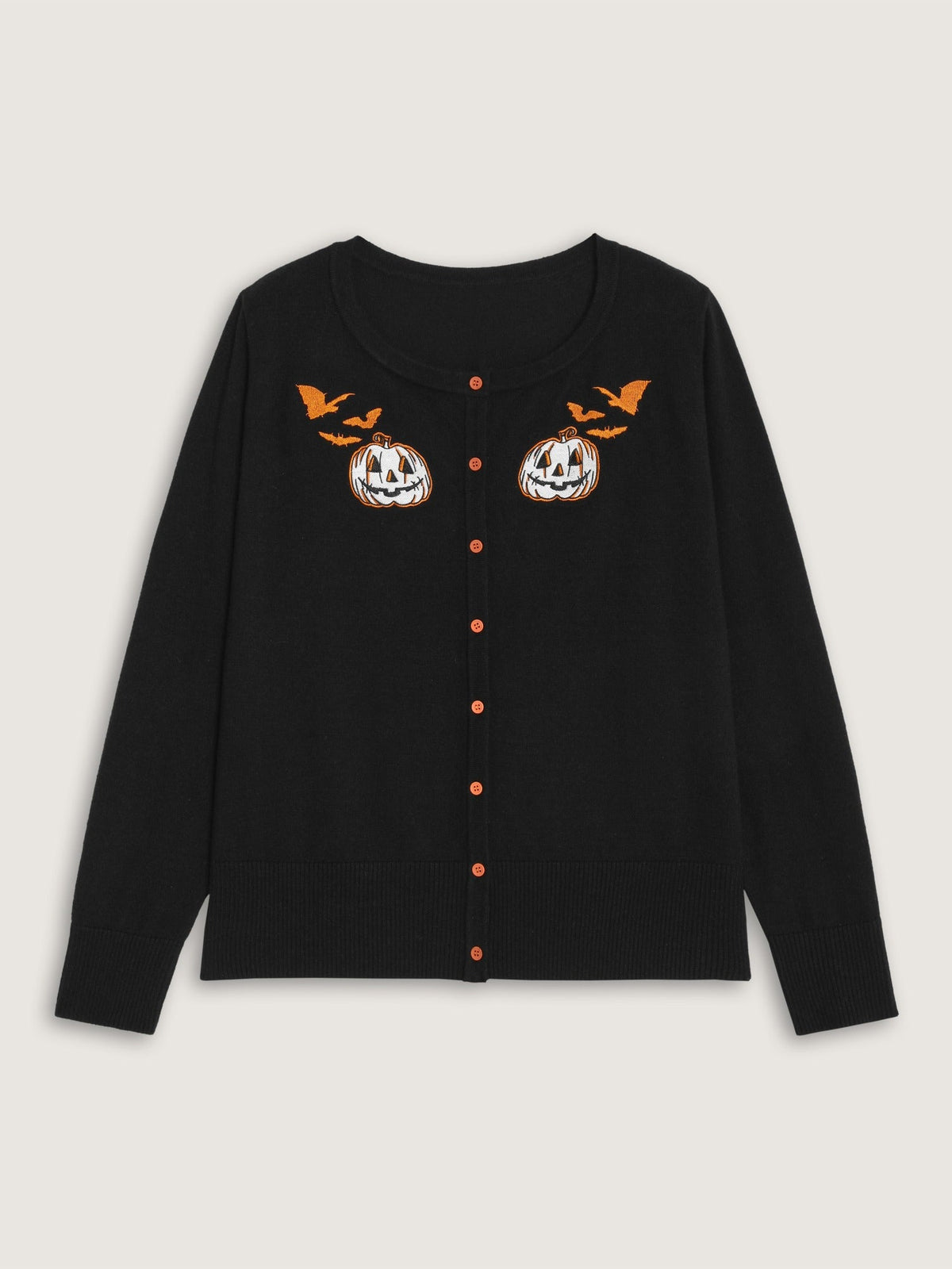 Halloween Pumpkin Bat Embroidery Button Front Cardigan