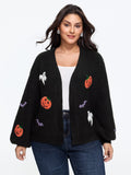 Pumpkin Ghost Bat Patch Embroidery Open Front Cardigan