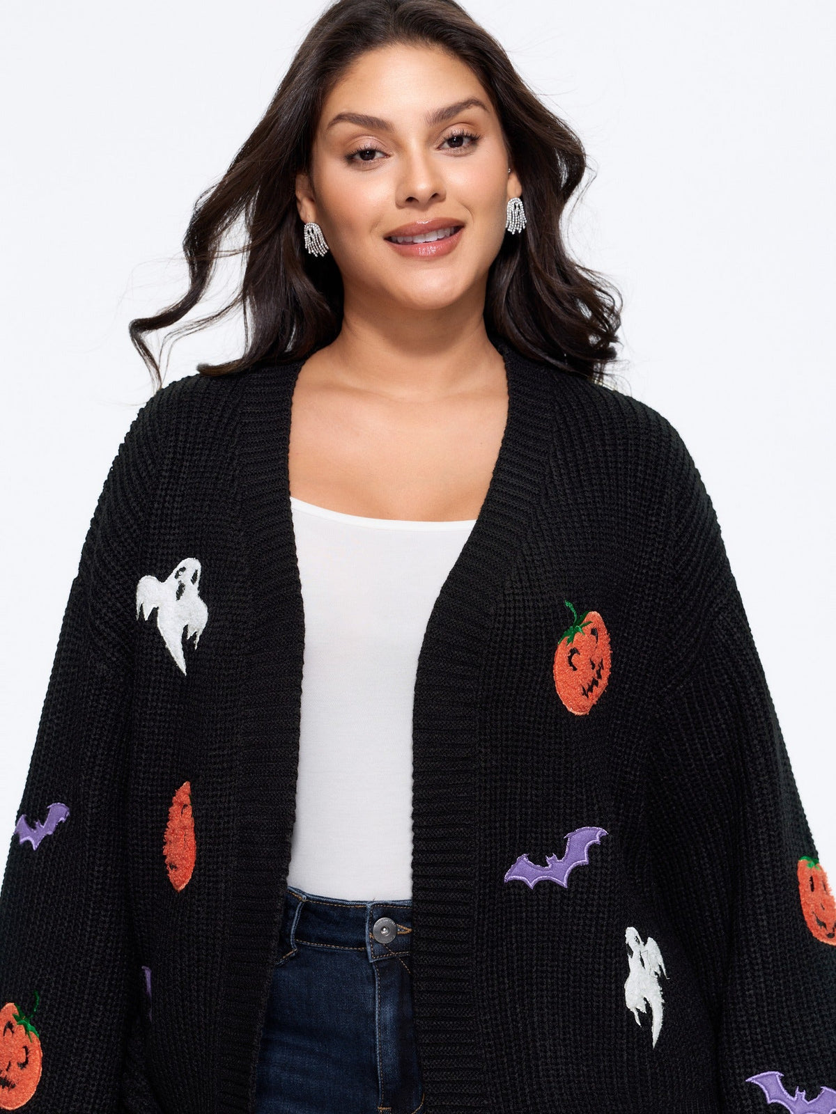 Pumpkin Ghost Bat Patch Embroidery Open Front Cardigan