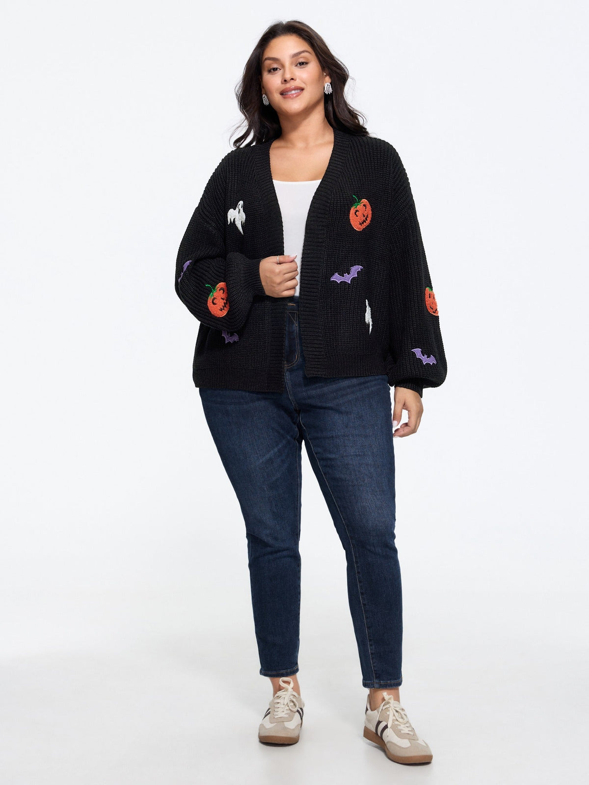 Pumpkin Ghost Bat Patch Embroidery Open Front Cardigan