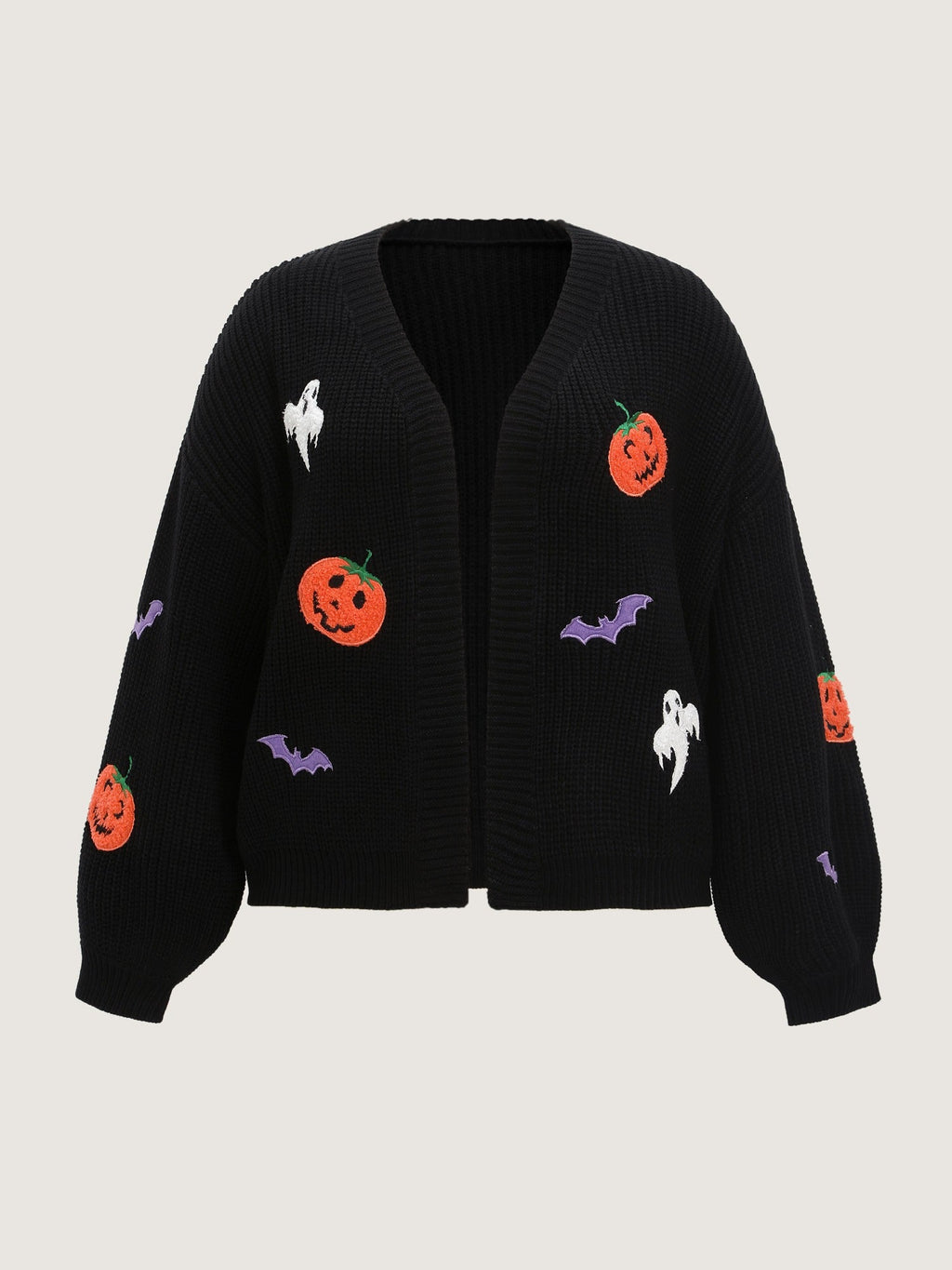 Pumpkin Ghost Bat Patch Embroidery Open Front Cardigan
