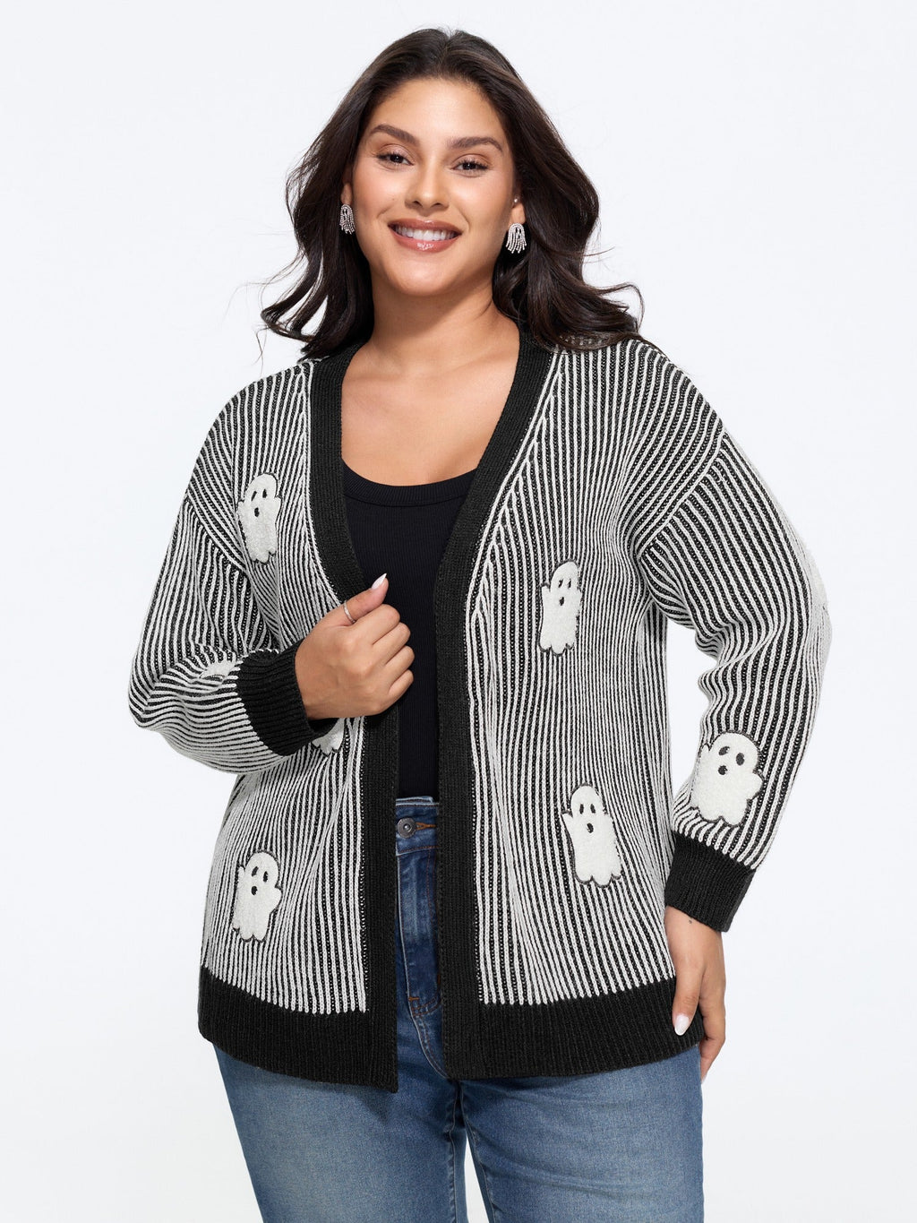 Vertical Stripe Ghost Patch Embroidery Cardigan
