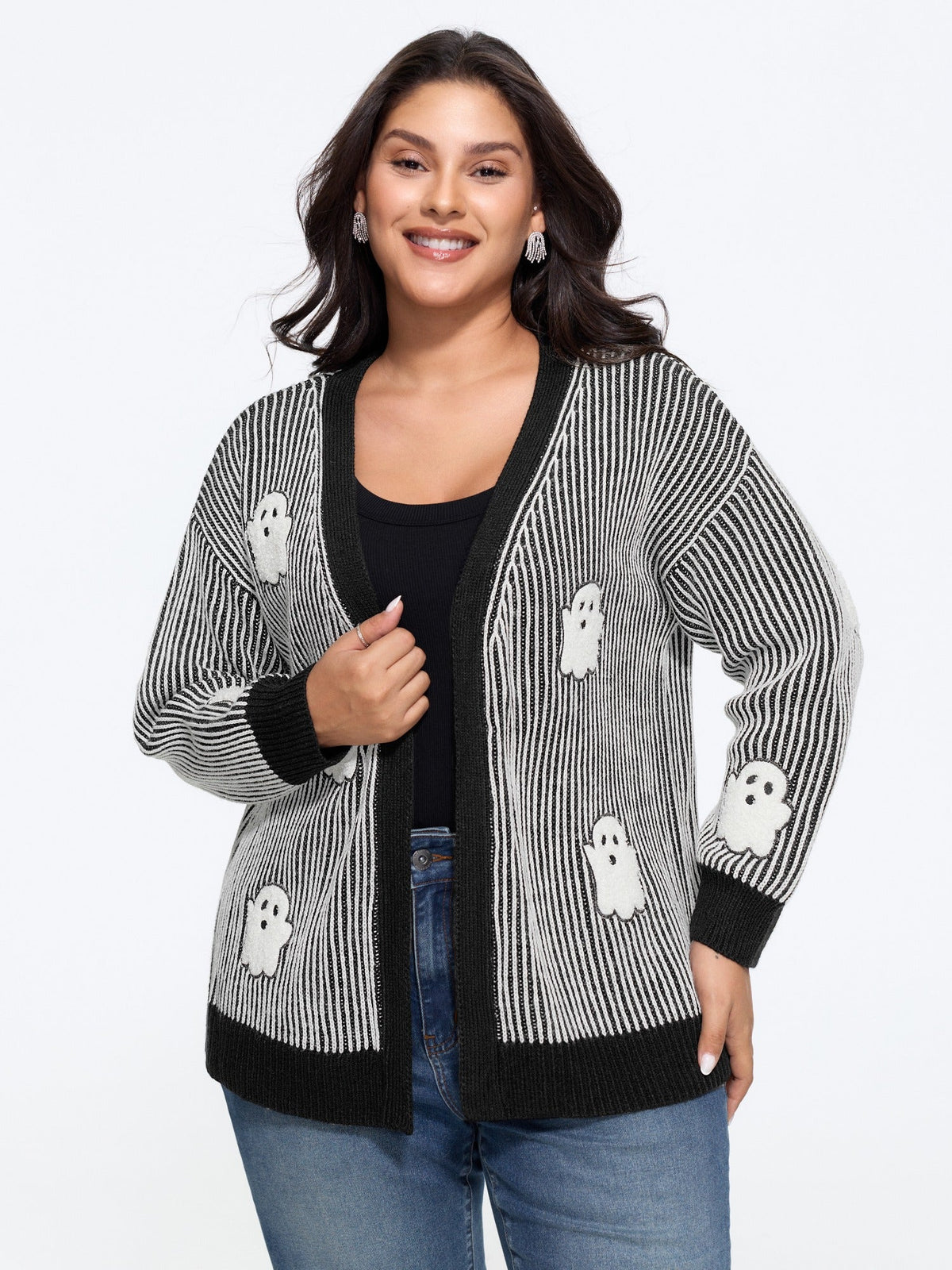 Vertical Stripe Ghost Patch Embroidery Cardigan