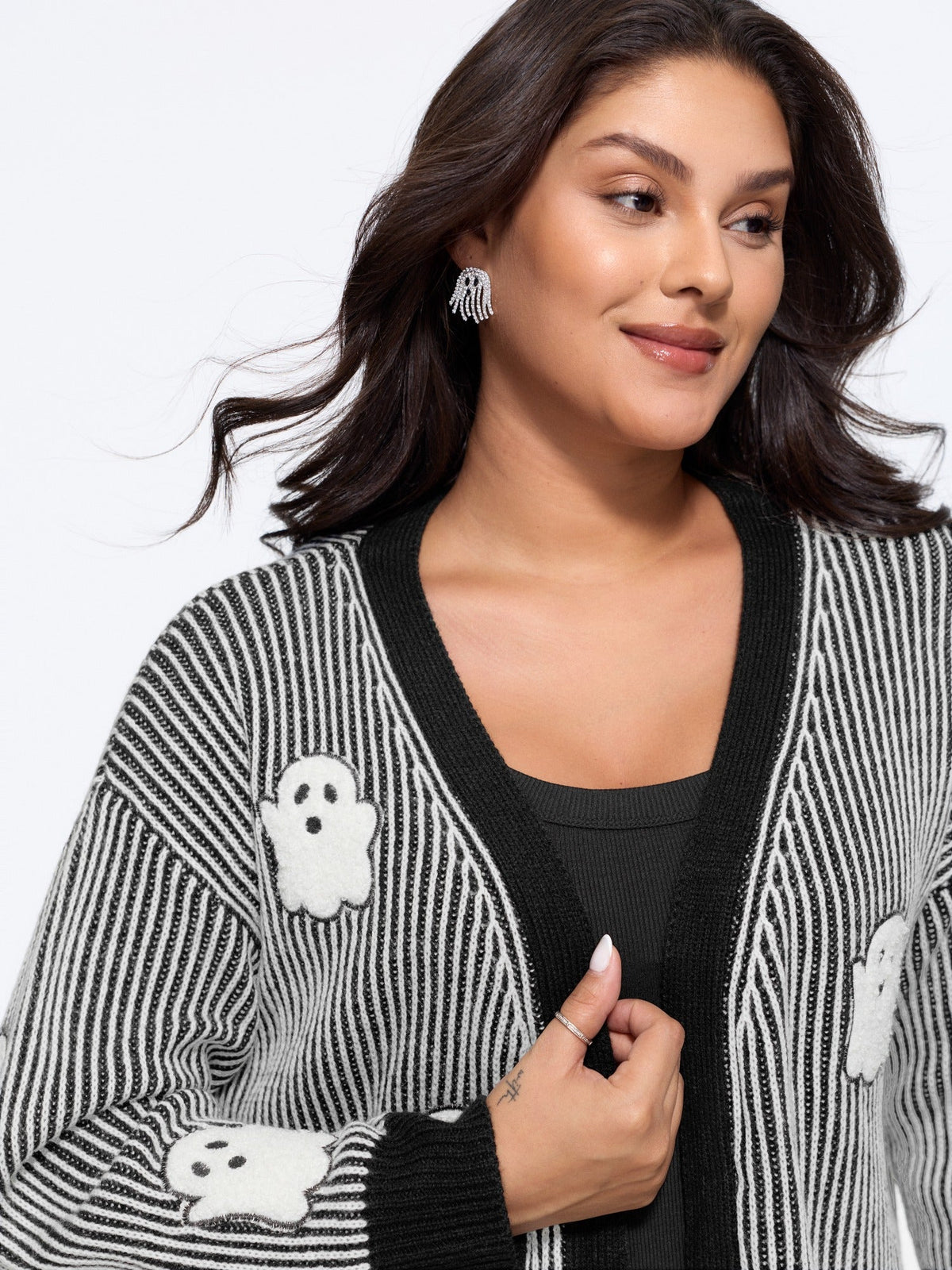 Vertical Stripe Ghost Patch Embroidery Cardigan