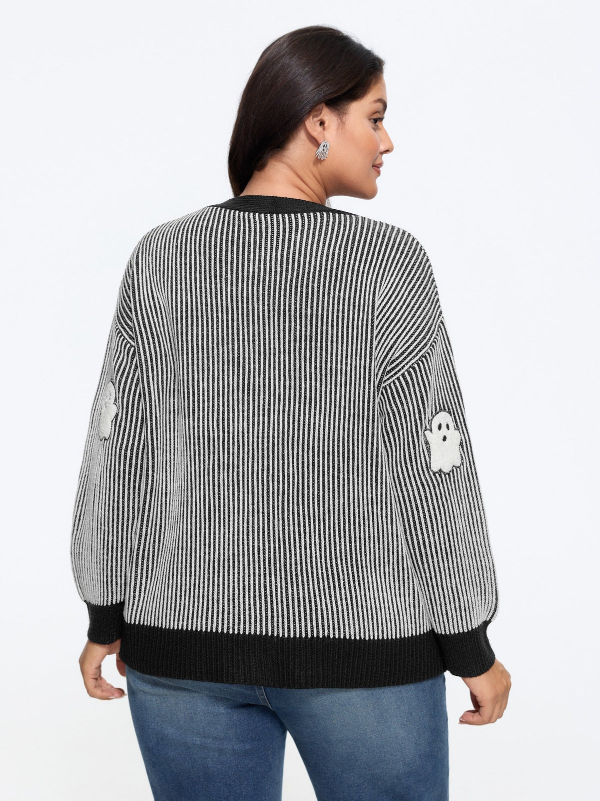 Vertical Stripe Ghost Patch Embroidery Cardigan