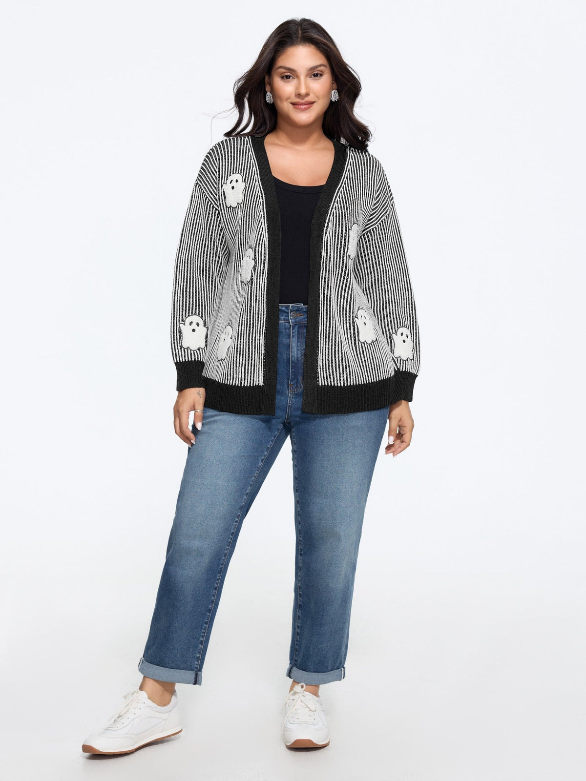 Vertical Stripe Ghost Patch Embroidery Cardigan