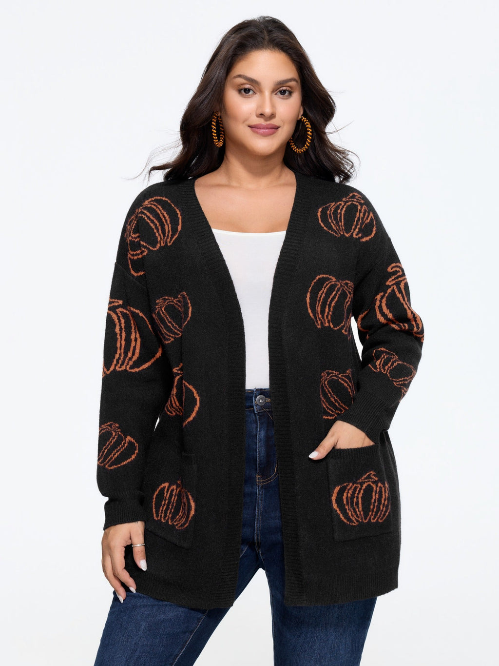 Supersoft Pumpkin Jacquard Pocket Open Front Cardigan