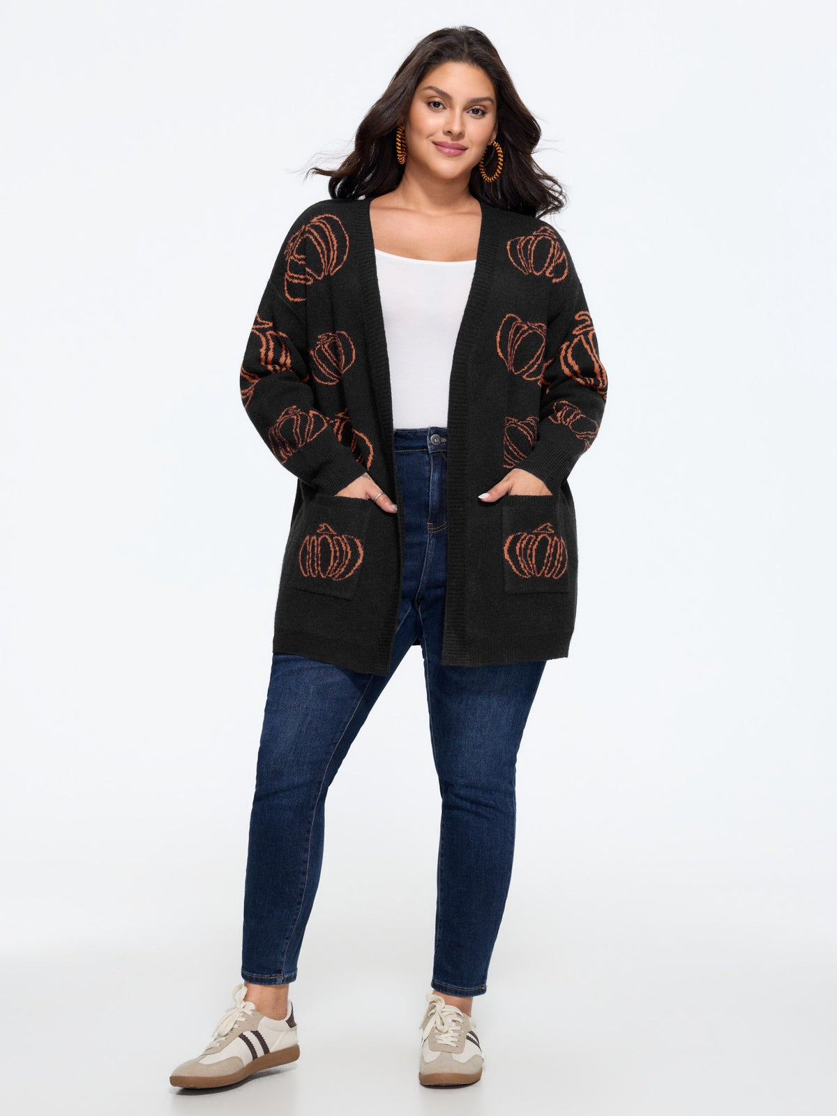 Supersoft Pumpkin Jacquard Pocket Open Front Cardigan