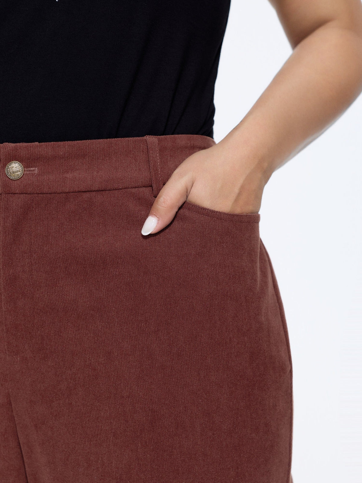 Stretch Floral Embroidery Hem Corduroy Pants