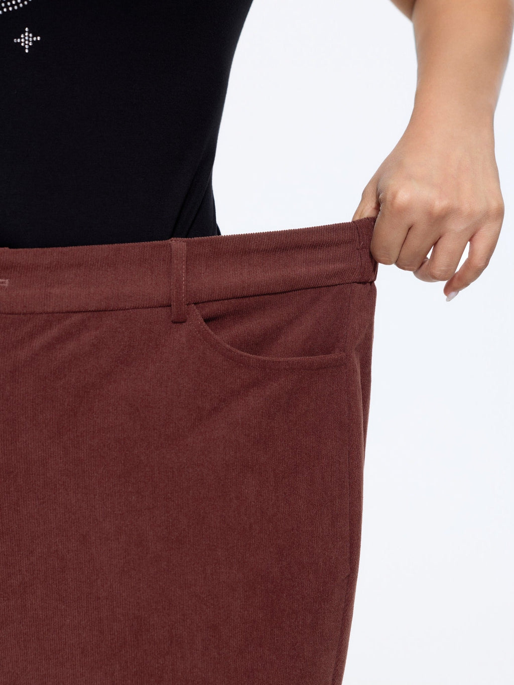 Stretch Floral Embroidery Hem Corduroy Pants
