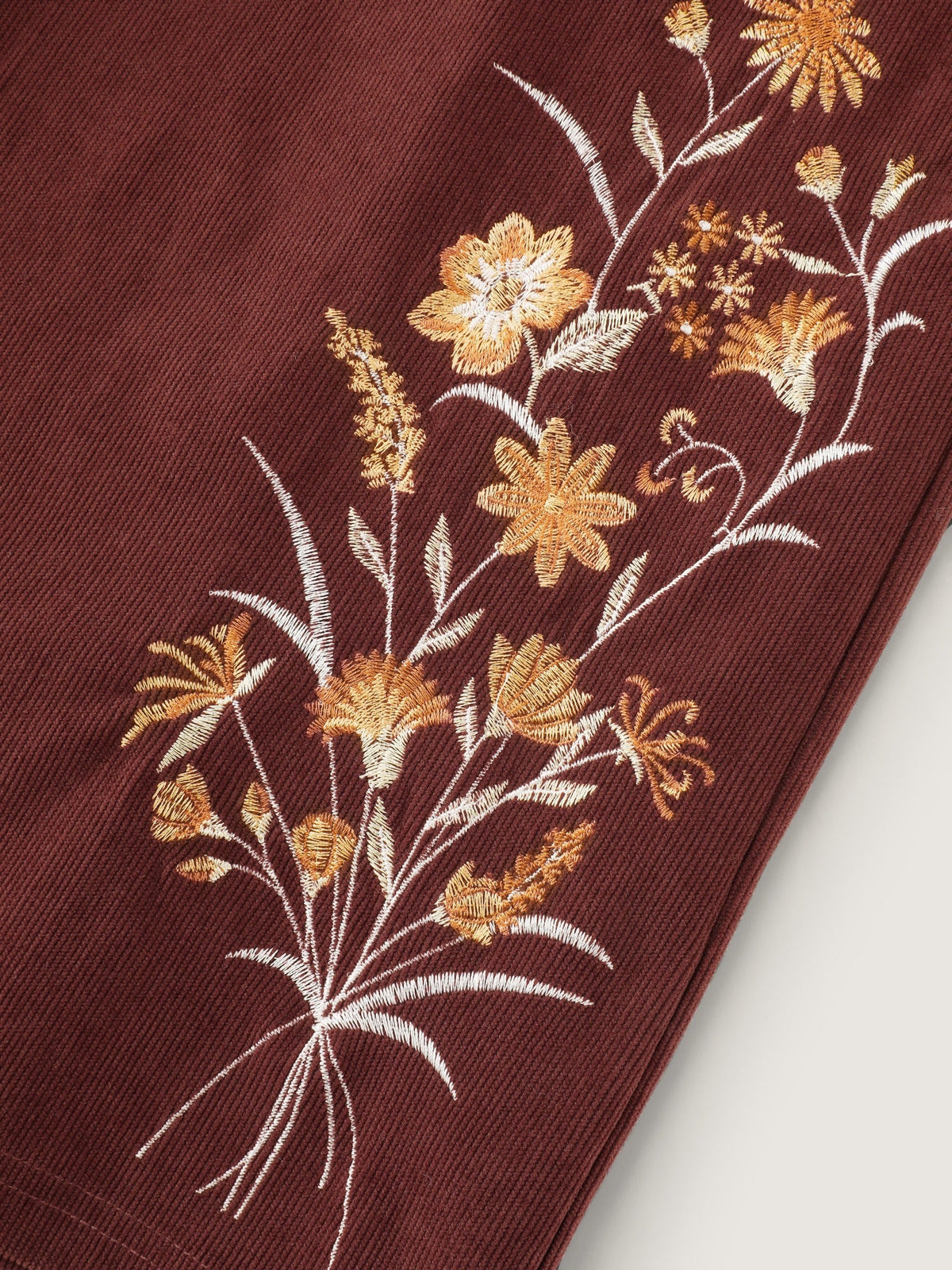 Stretch Floral Embroidery Hem Corduroy Pants
