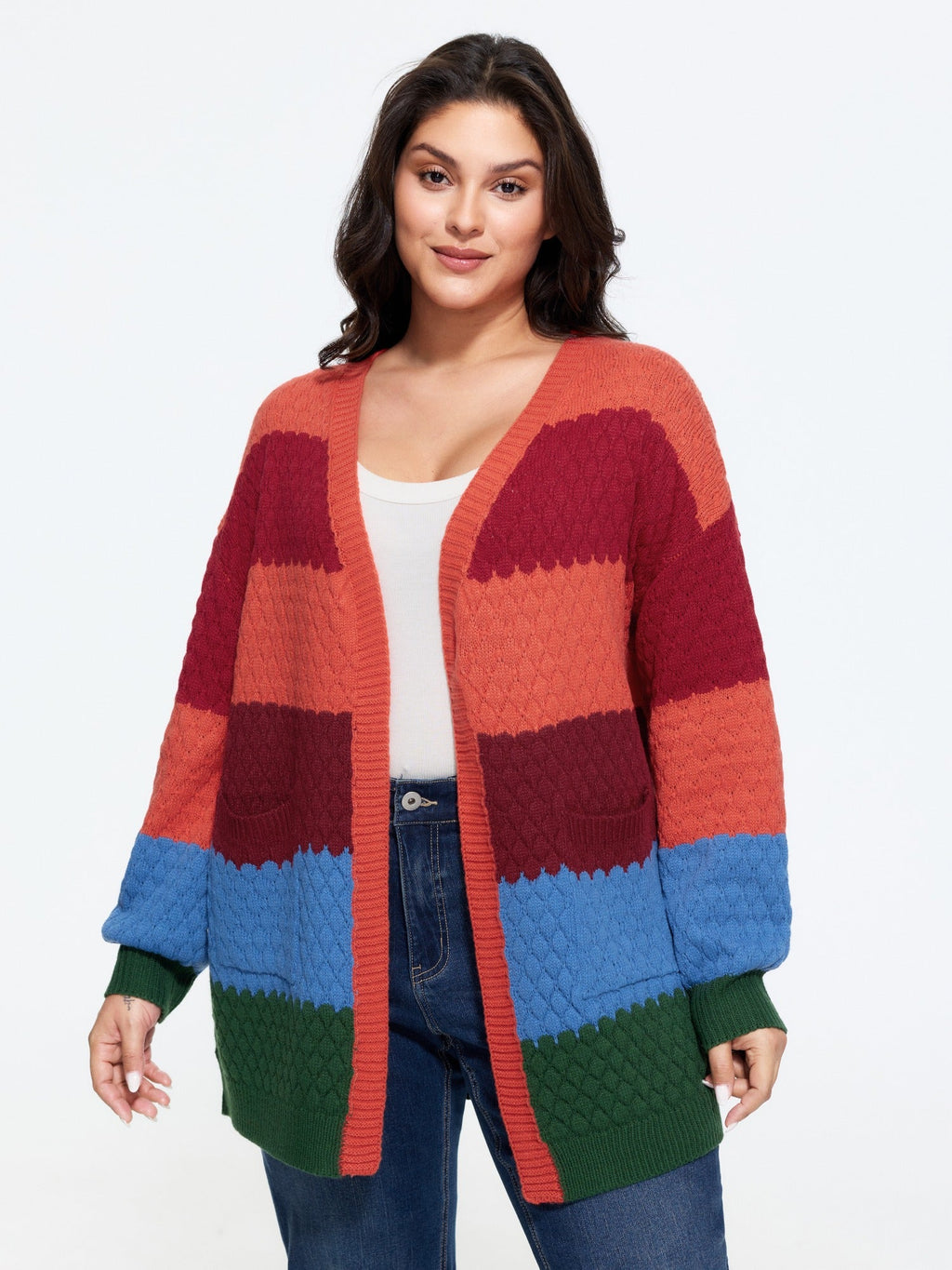 Textured Color‑Block Pocket Open Front Cardigan