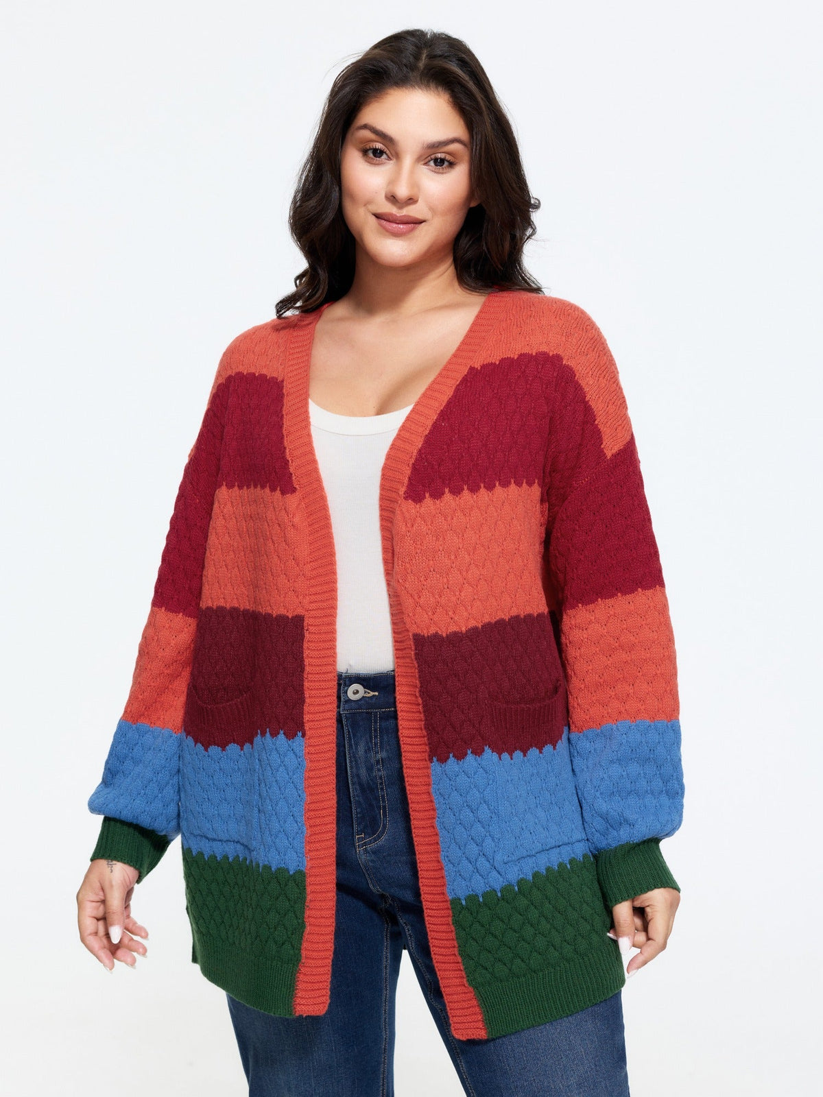 Textured Color‑Block Pocket Open Front Cardigan