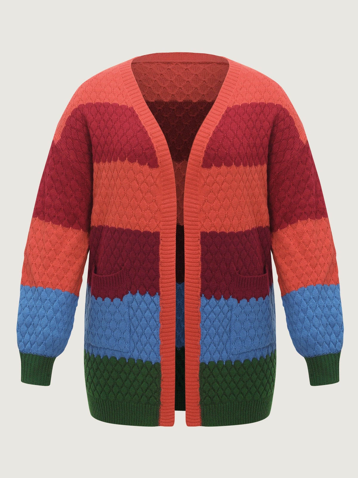 Textured Color‑Block Pocket Open Front Cardigan