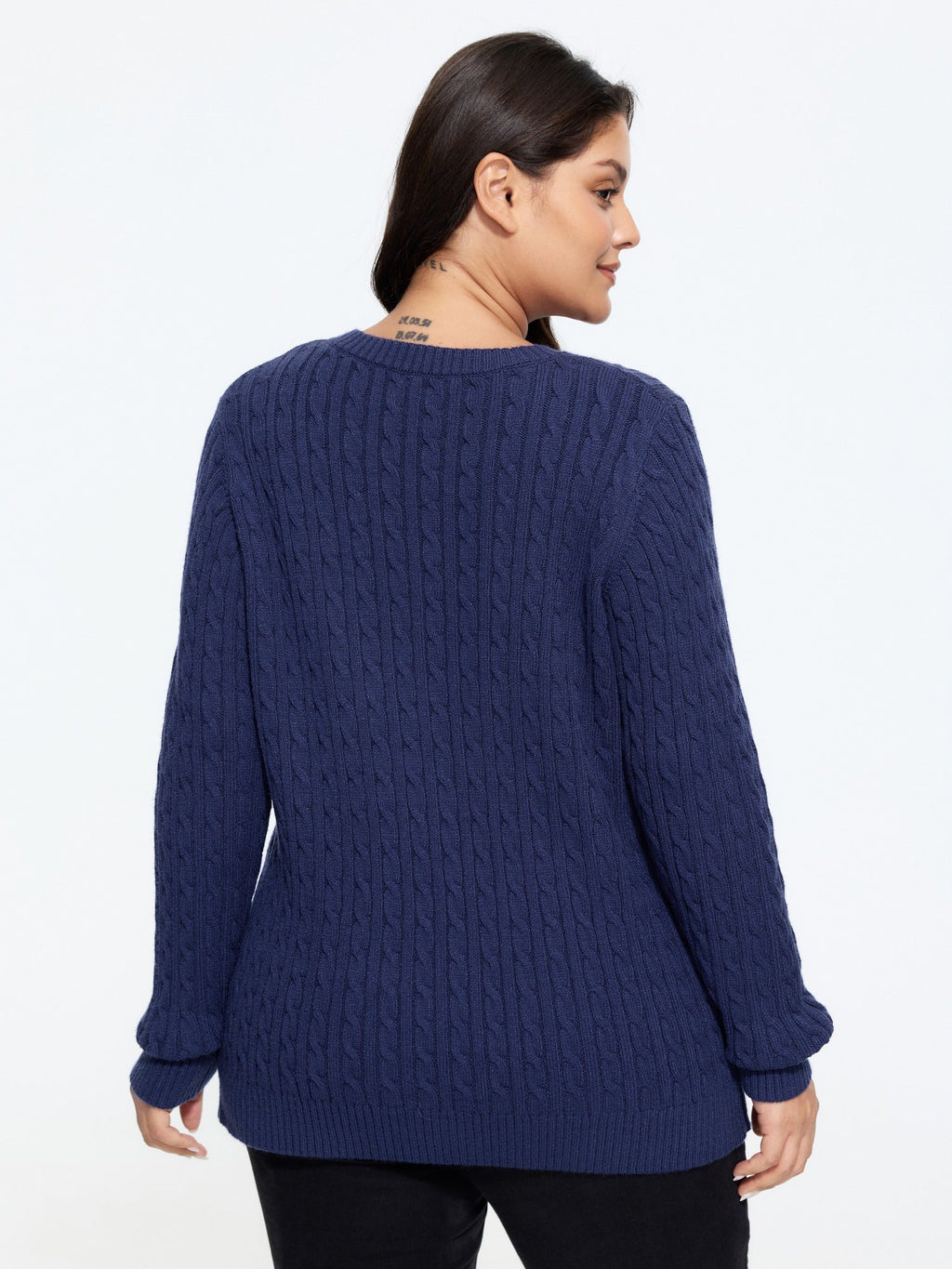 Crew Neck Button‑Down Cable Knit Cardigan