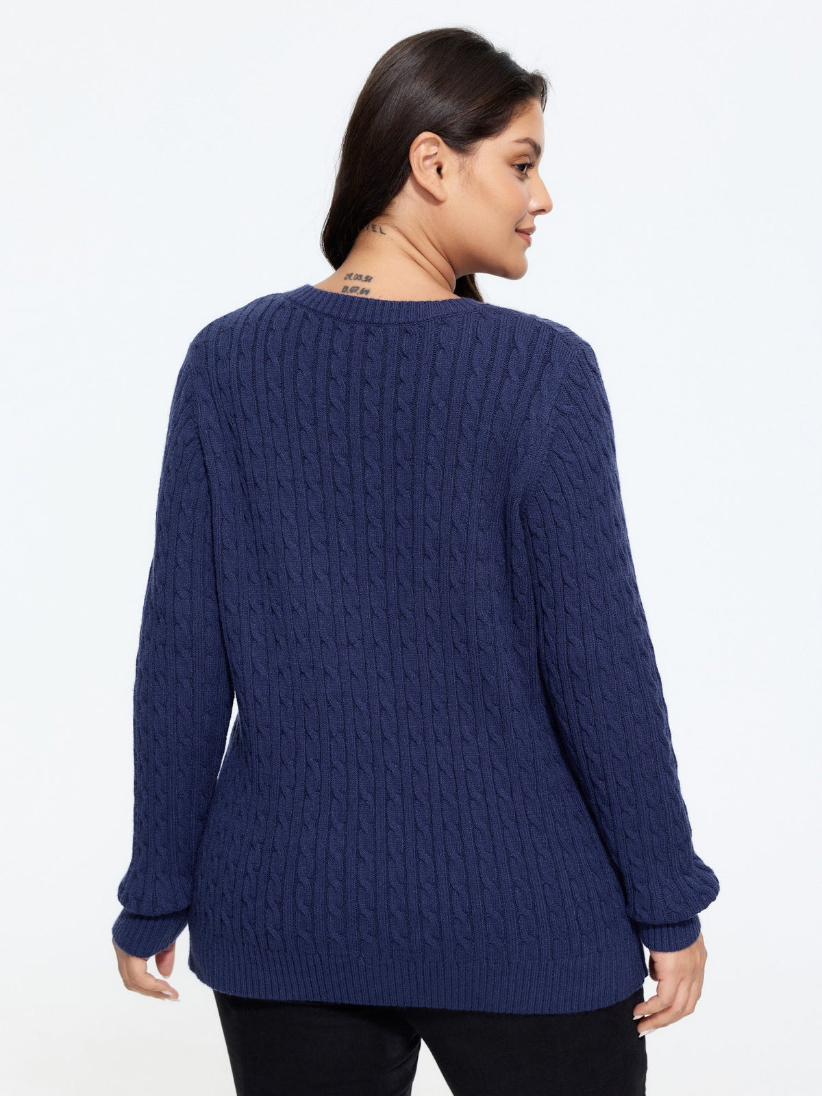 Crew Neck Button‑Down Cable Knit Cardigan