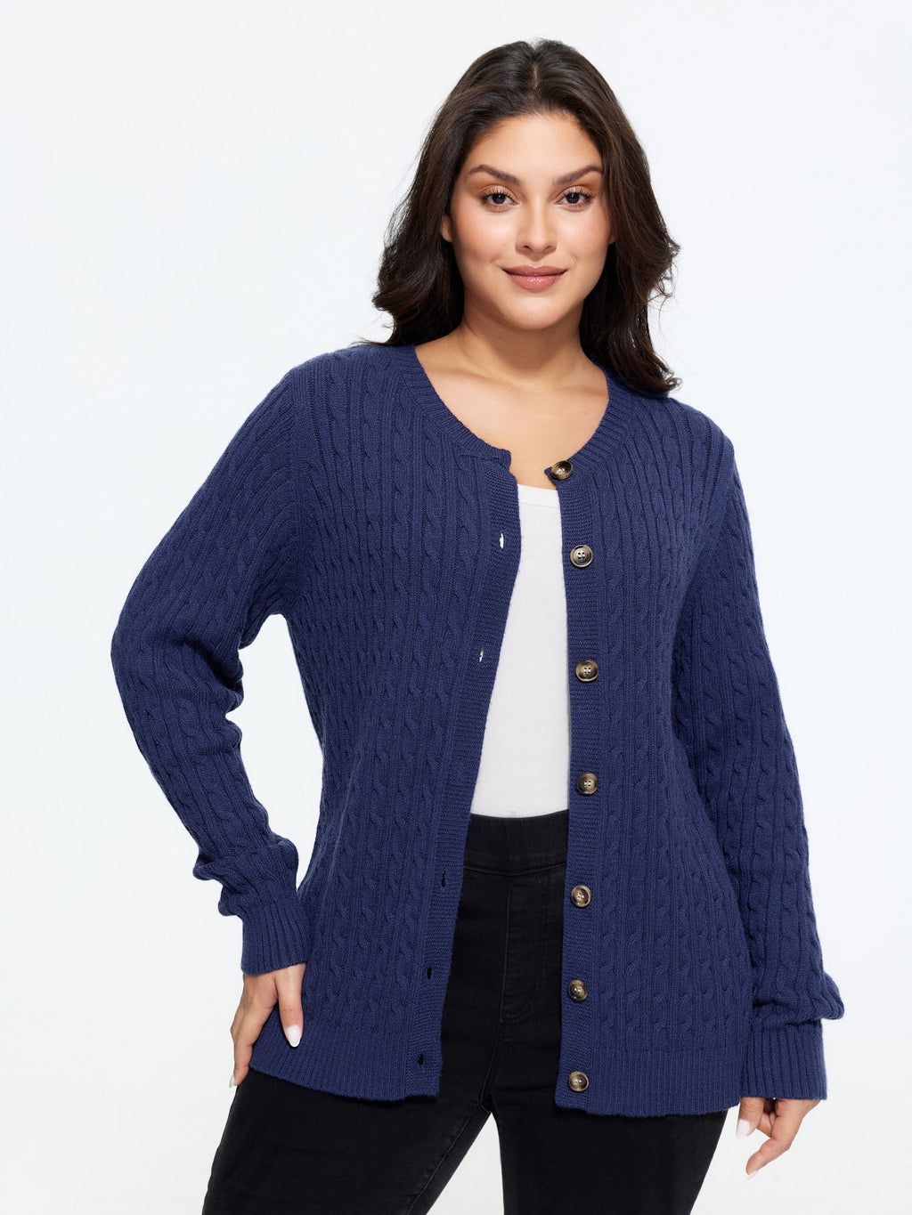 Crew Neck Button‑Down Cable Knit Cardigan