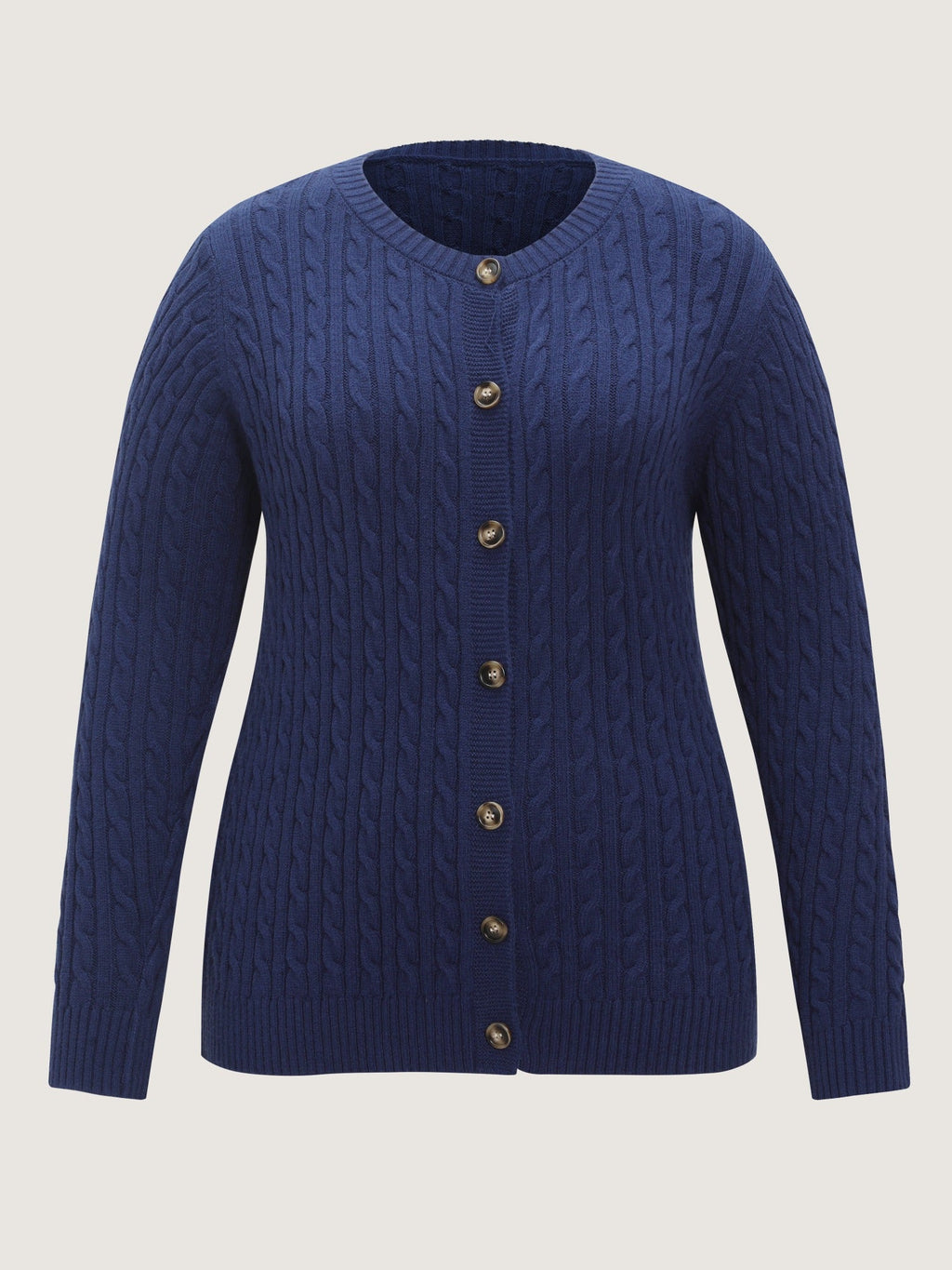 Crew Neck Button‑Down Cable Knit Cardigan