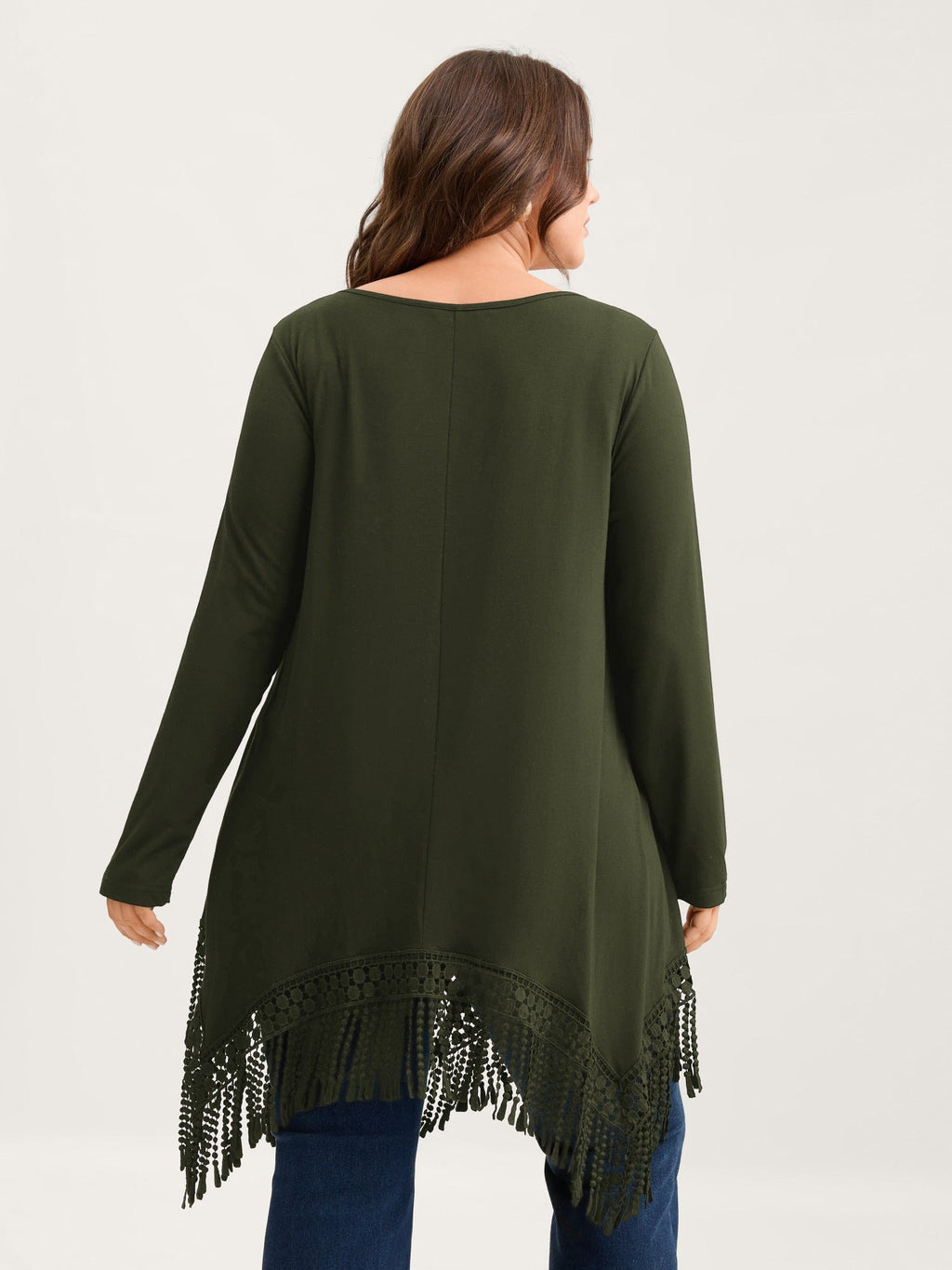 Solid Tassels Trim Pocket Asymmetrical Hem T-shirt