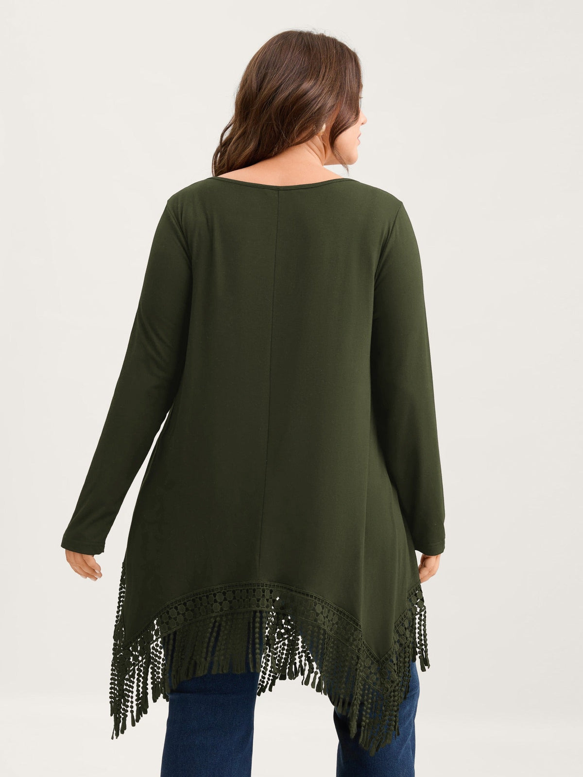 Solid Tassels Trim Pocket Asymmetrical Hem T-shirt