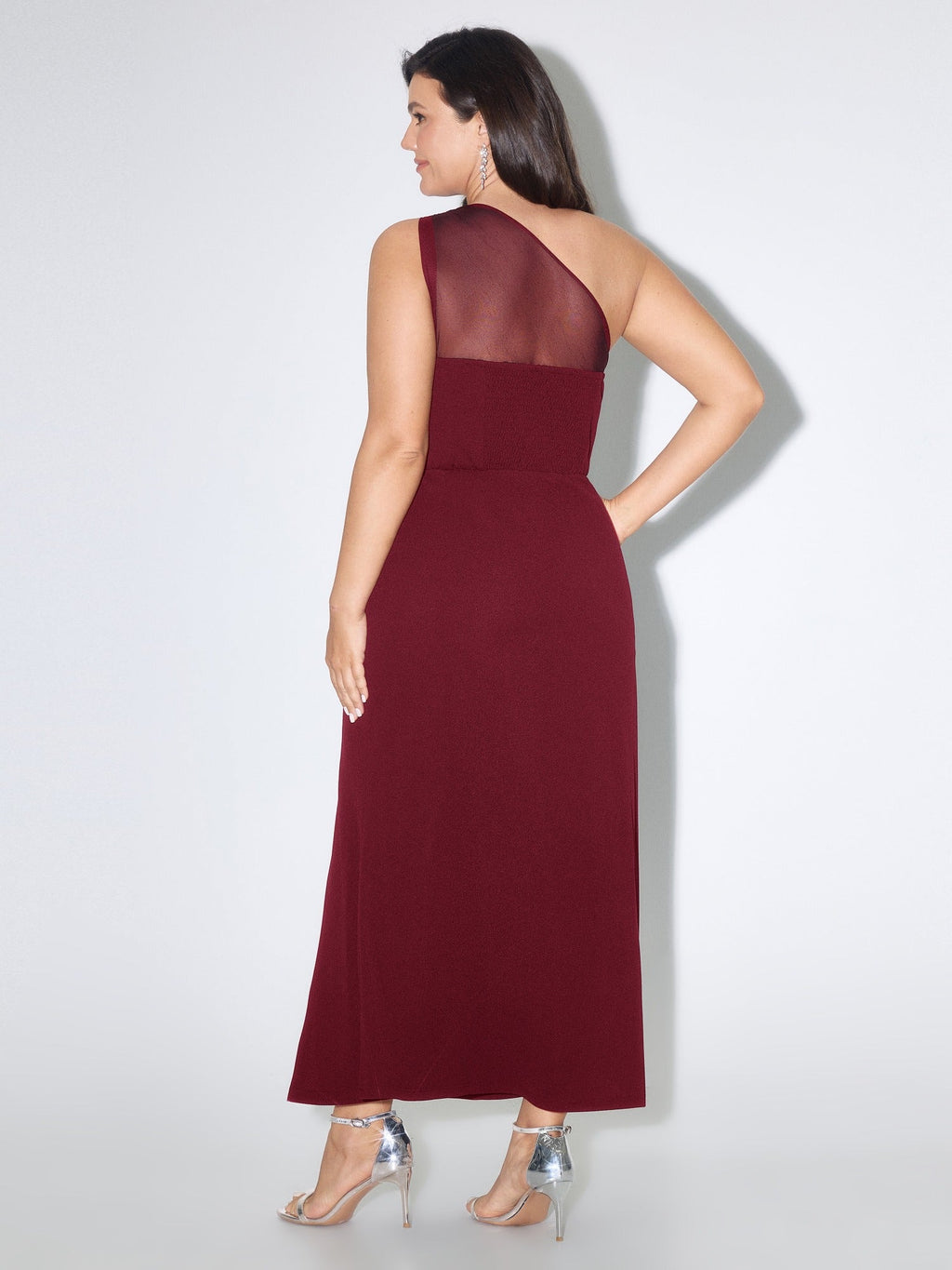 Solid One Shoulder Mesh Sheer Slit Maxi Dress