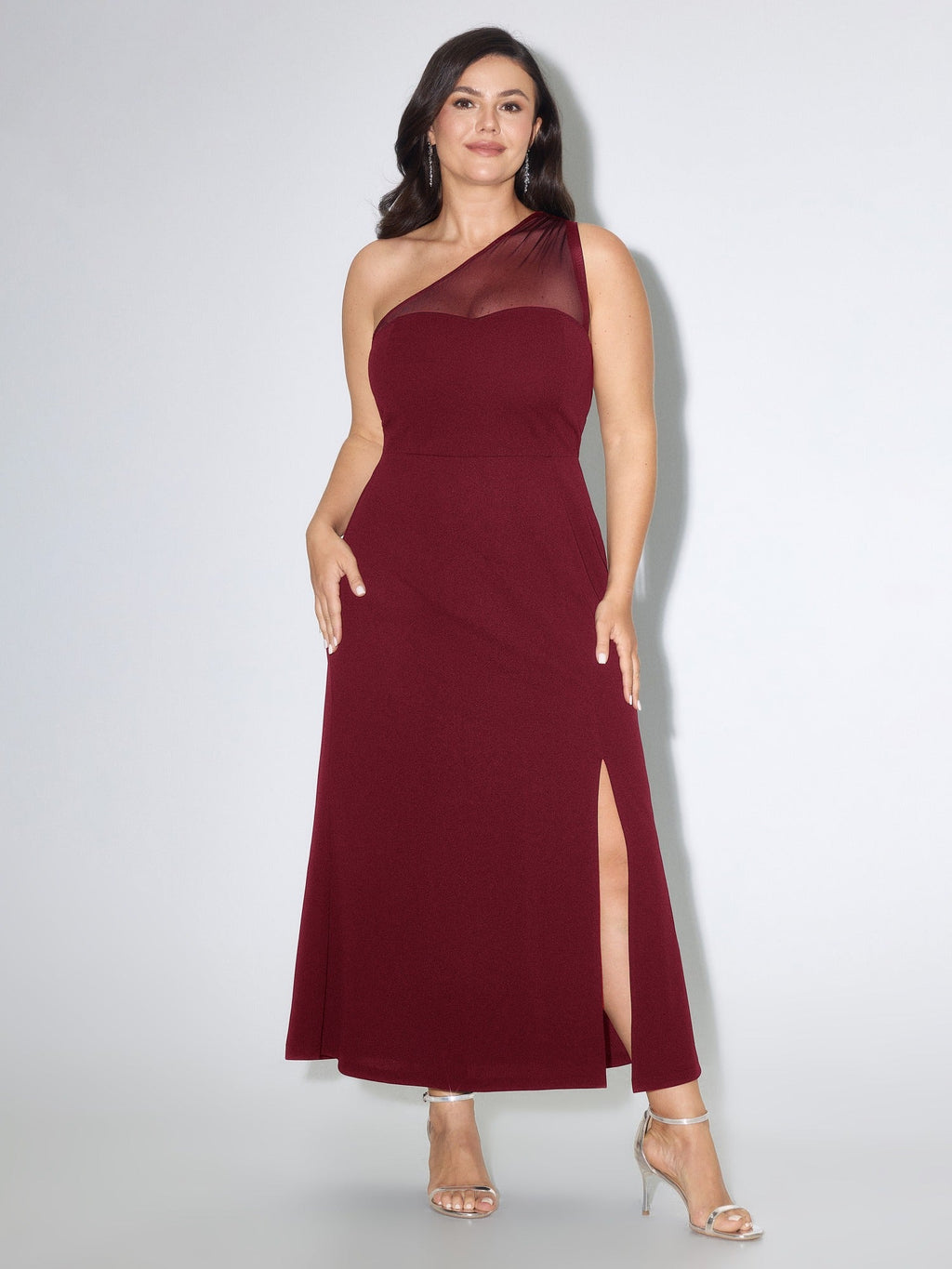 Solid One Shoulder Mesh Sheer Slit Maxi Dress