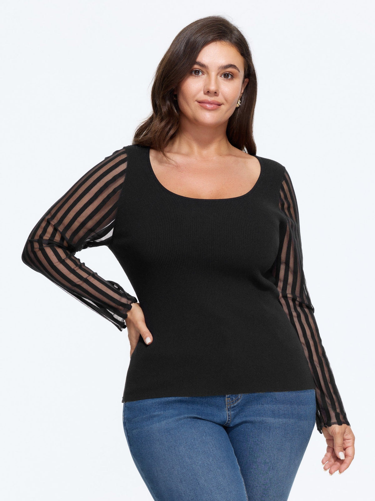 Vertical Stripe Sheer Mesh Long Sleeve Pullover