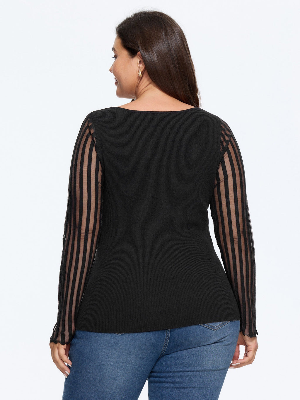 Vertical Stripe Sheer Mesh Long Sleeve Pullover