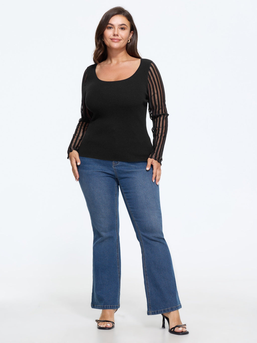 Vertical Stripe Sheer Mesh Long Sleeve Pullover