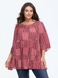 Boho Print Round Neck Tiered Blouse