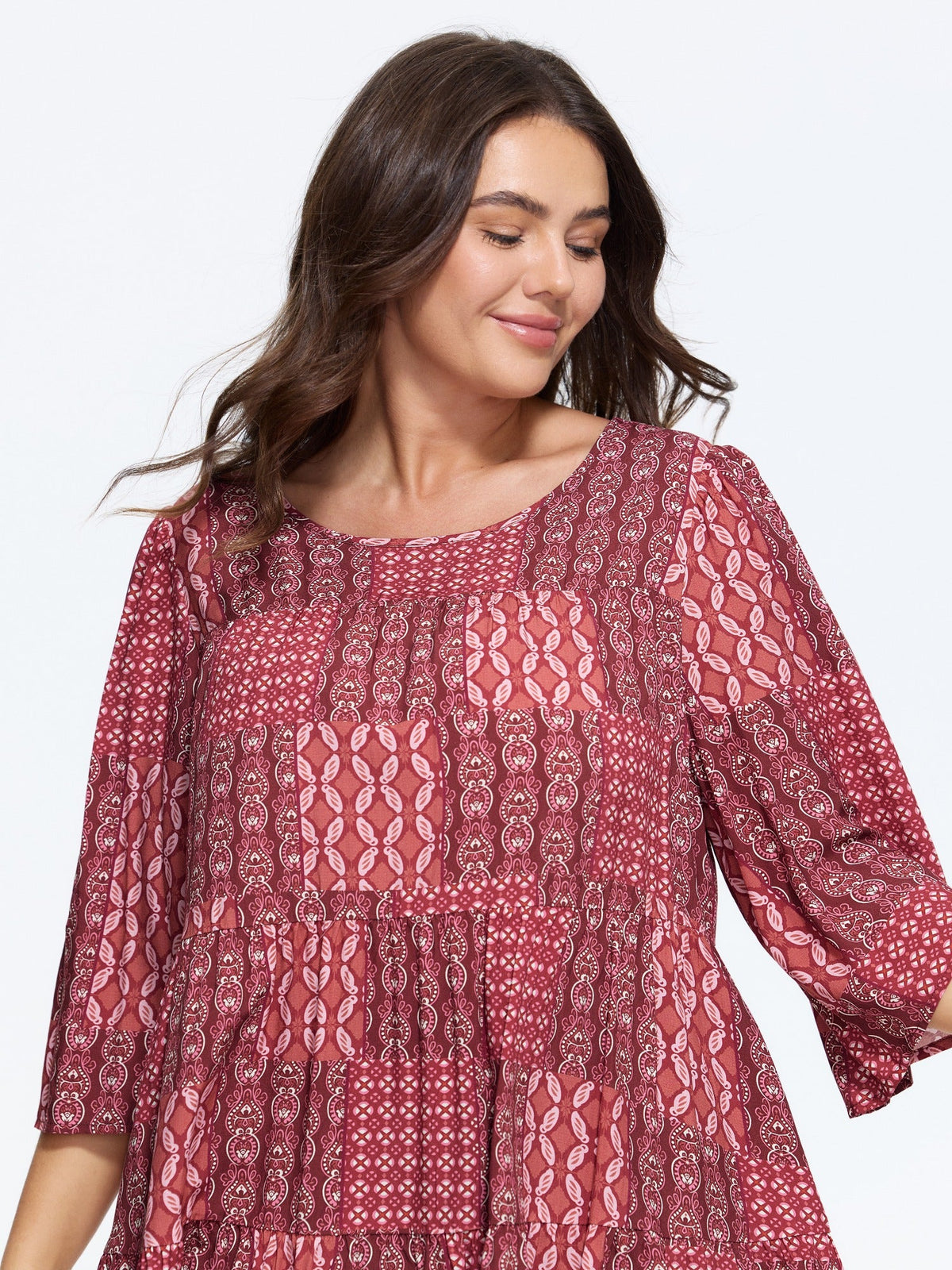 Boho Print Round Neck Tiered Blouse