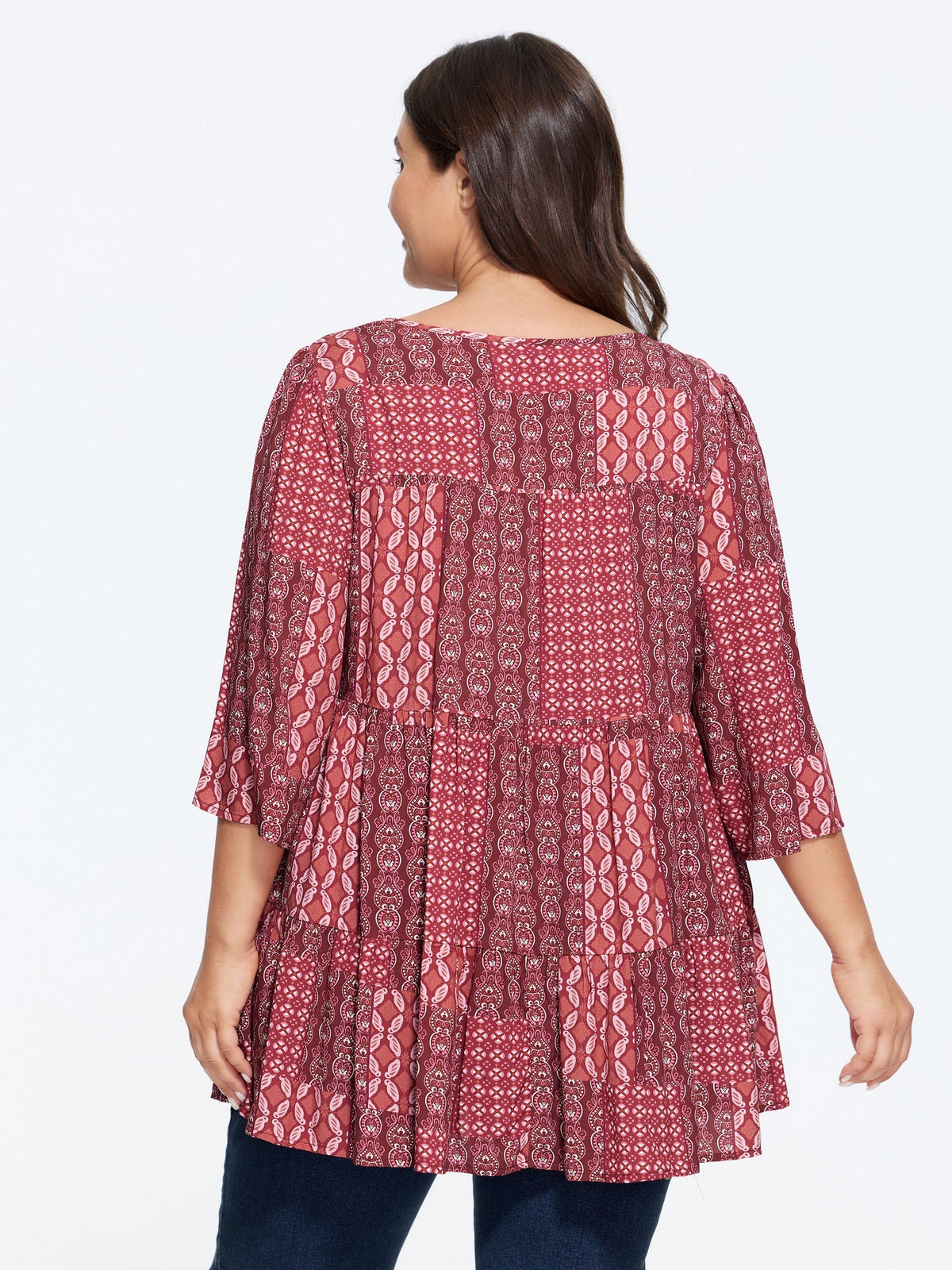 Boho Print Round Neck Tiered Blouse