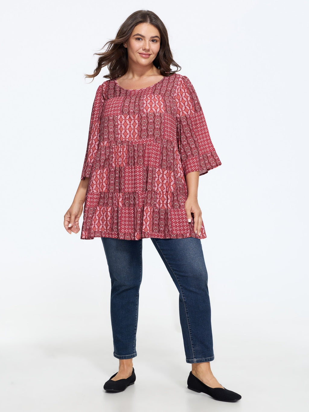 Boho Print Round Neck Tiered Blouse