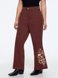 Stretch Floral Embroidery Hem Corduroy Pants