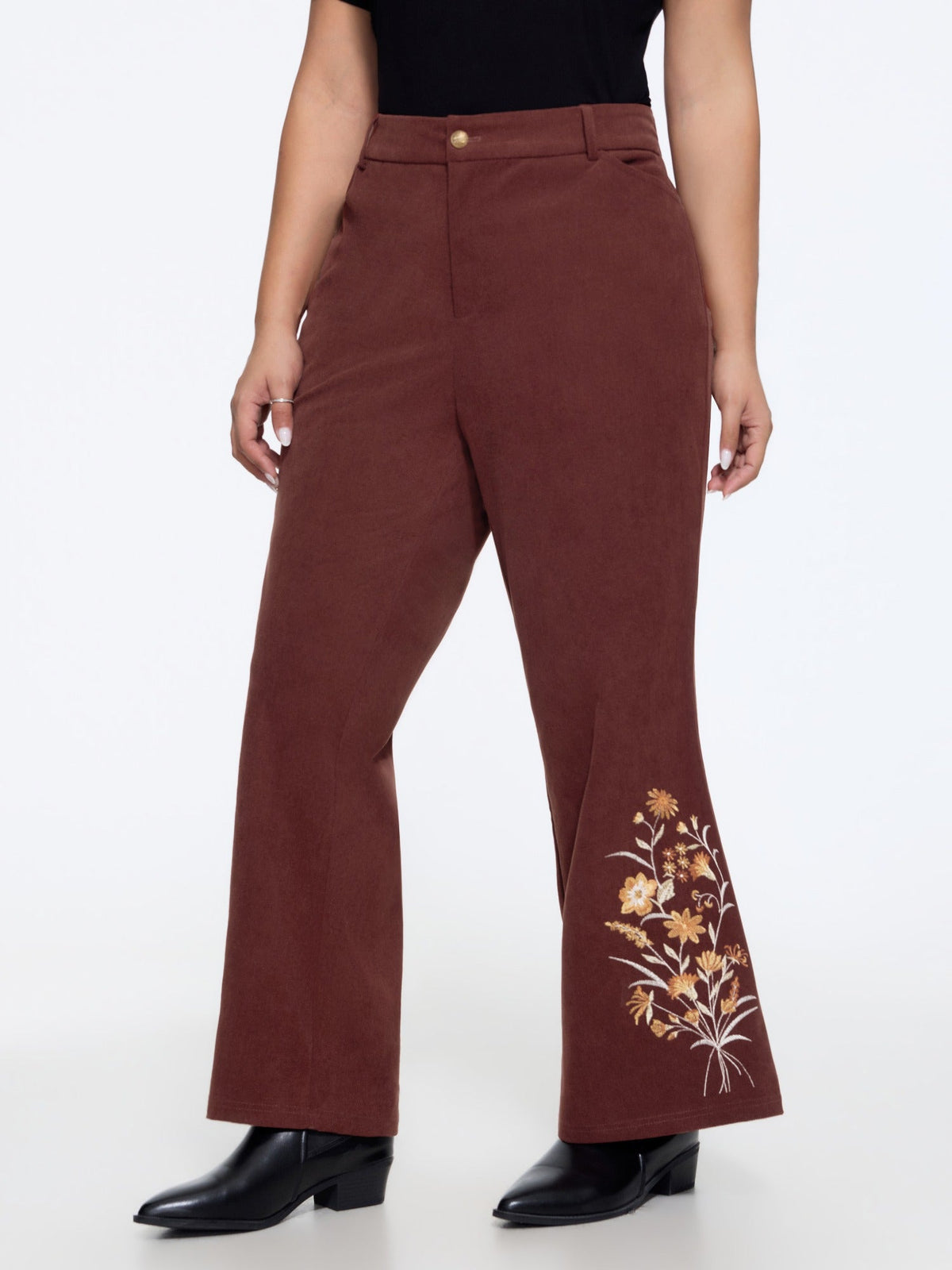 Stretch Floral Embroidery Hem Corduroy Pants