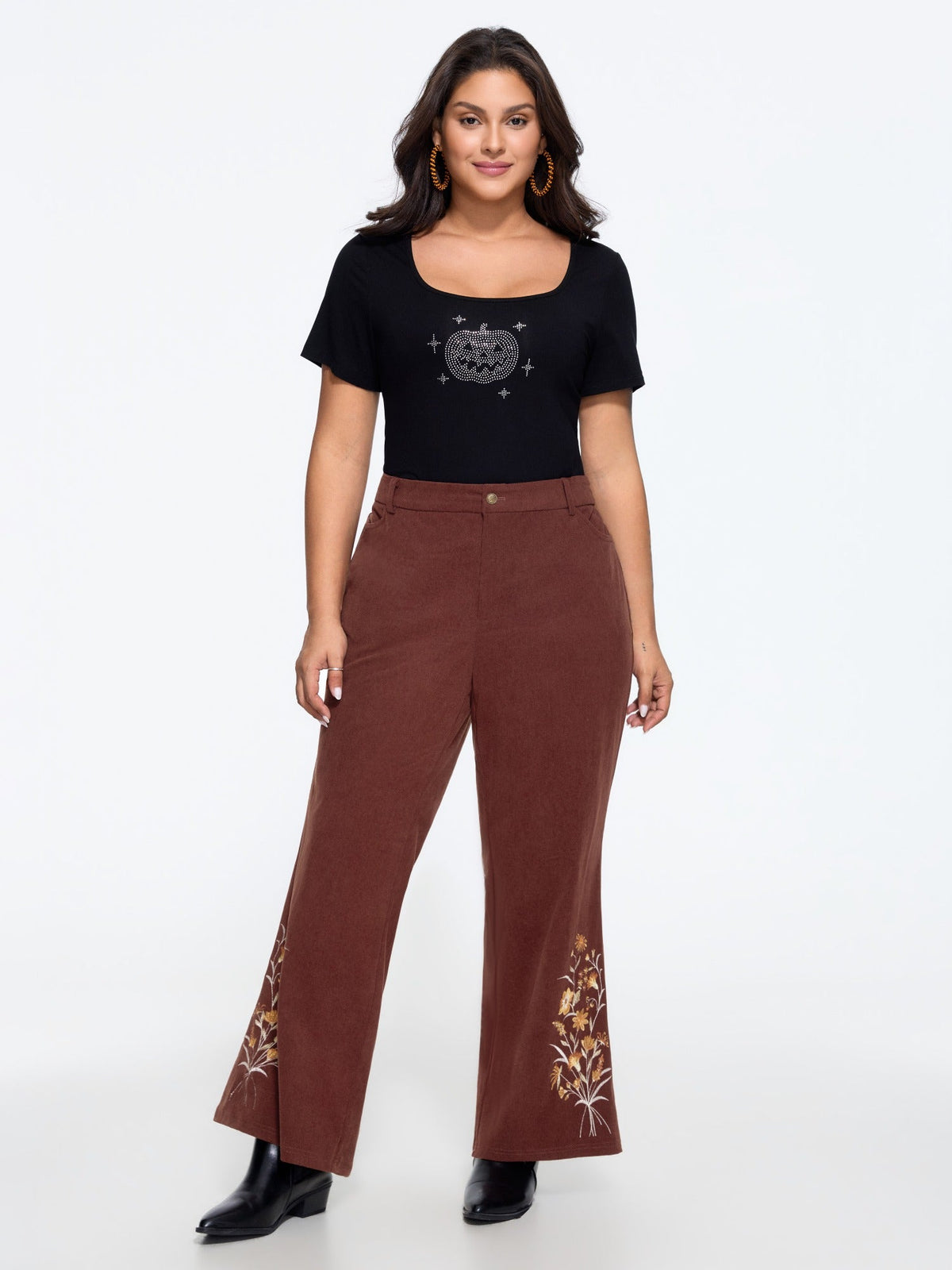 Stretch Floral Embroidery Hem Corduroy Pants