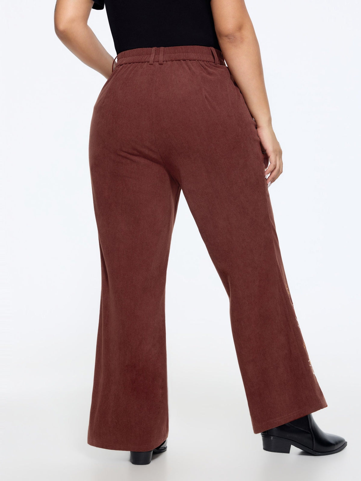 Stretch Floral Embroidery Hem Corduroy Pants