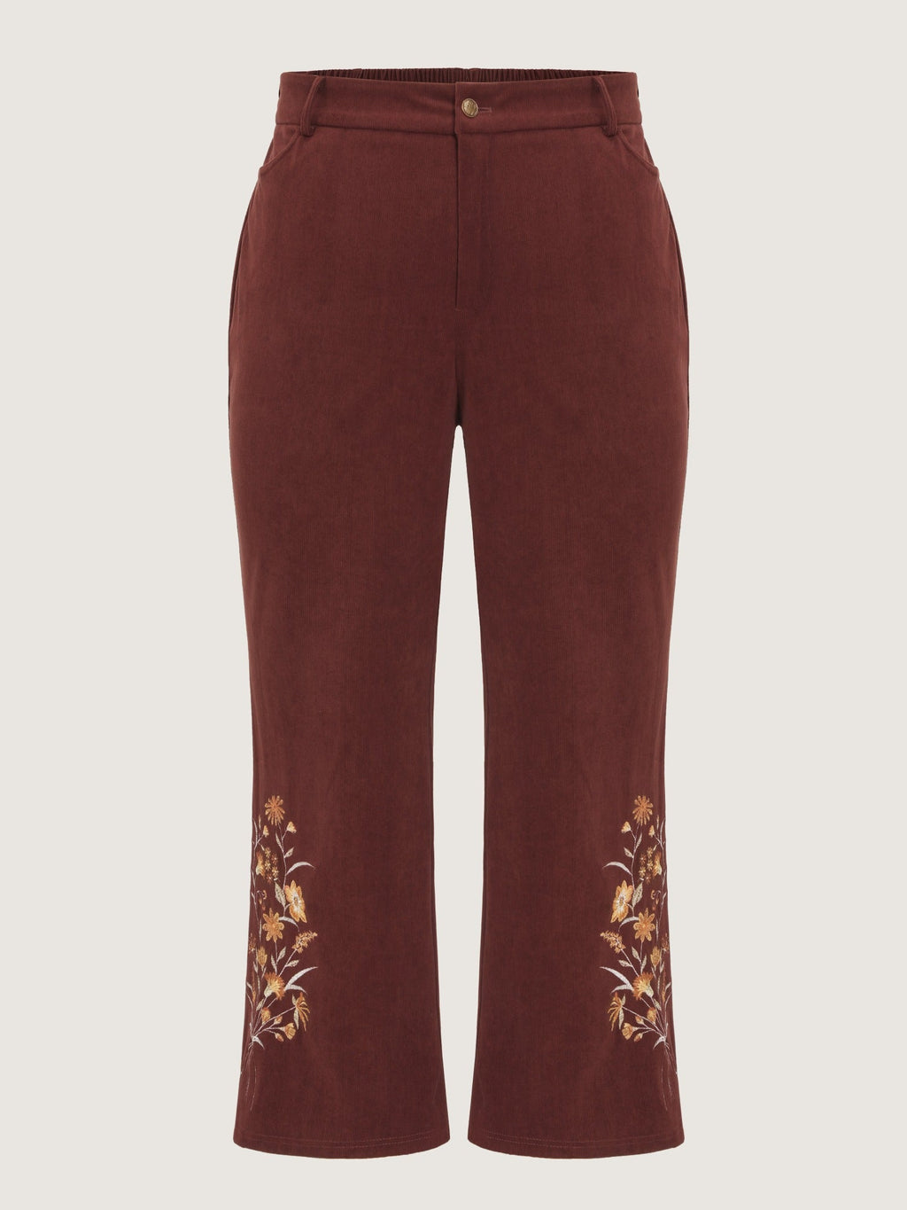 Stretch Floral Embroidery Hem Corduroy Pants