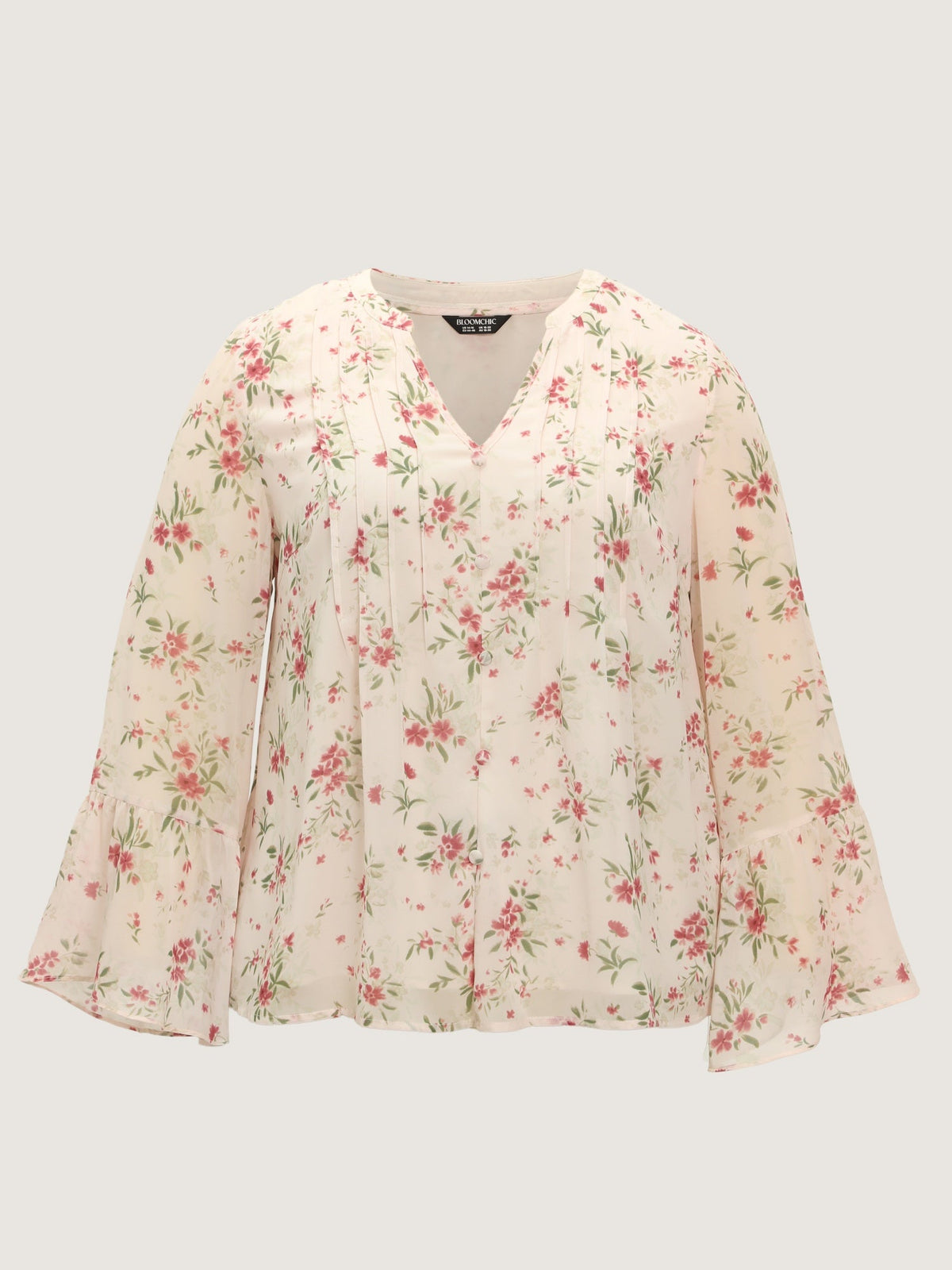 Floral Print Front Button Pleated Chiffon Blouse