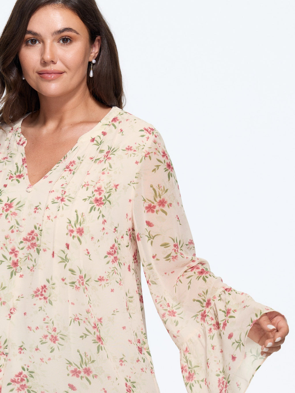 Floral Print Front Button Pleated Chiffon Blouse