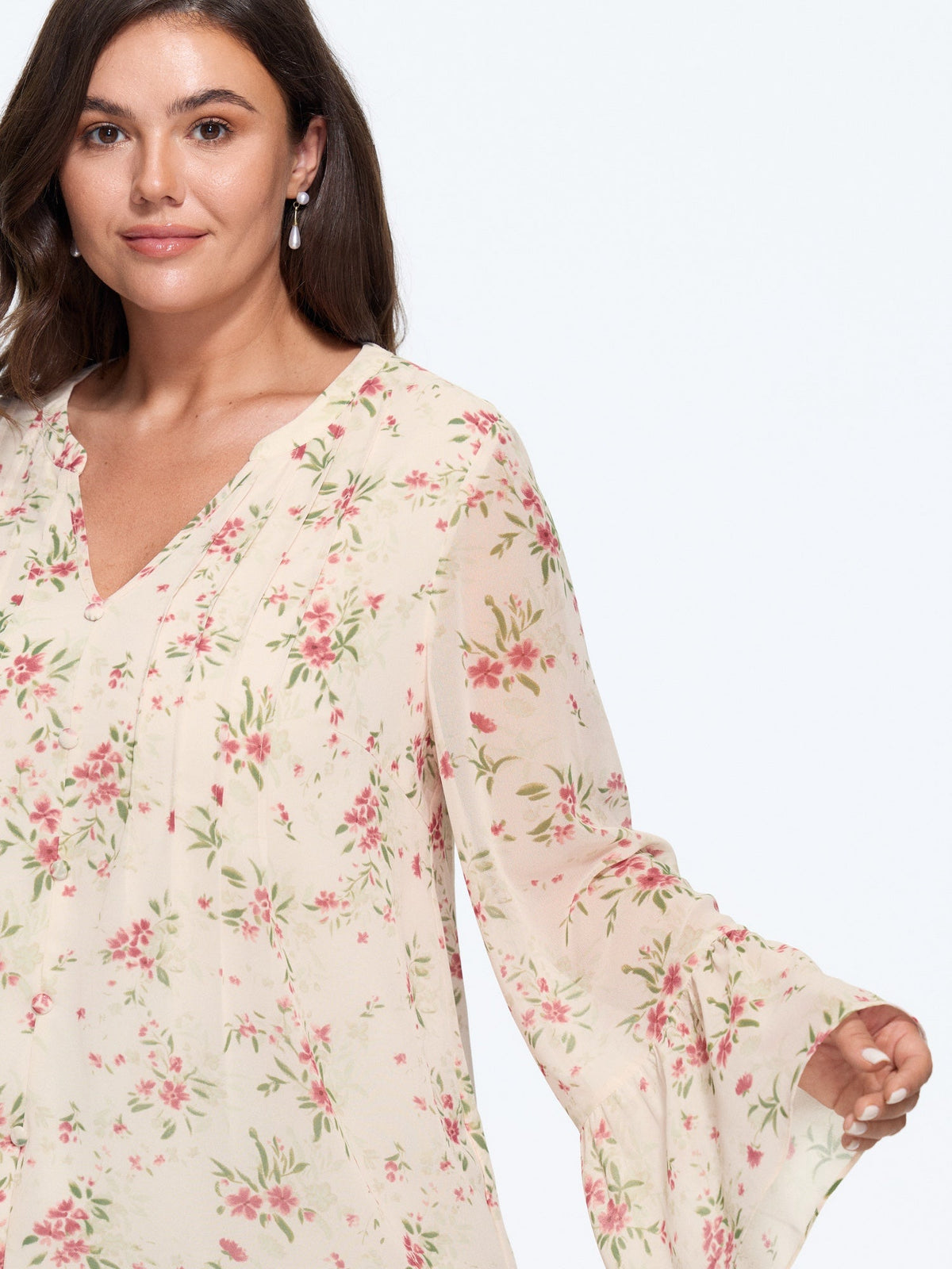 Floral Print Front Button Pleated Chiffon Blouse