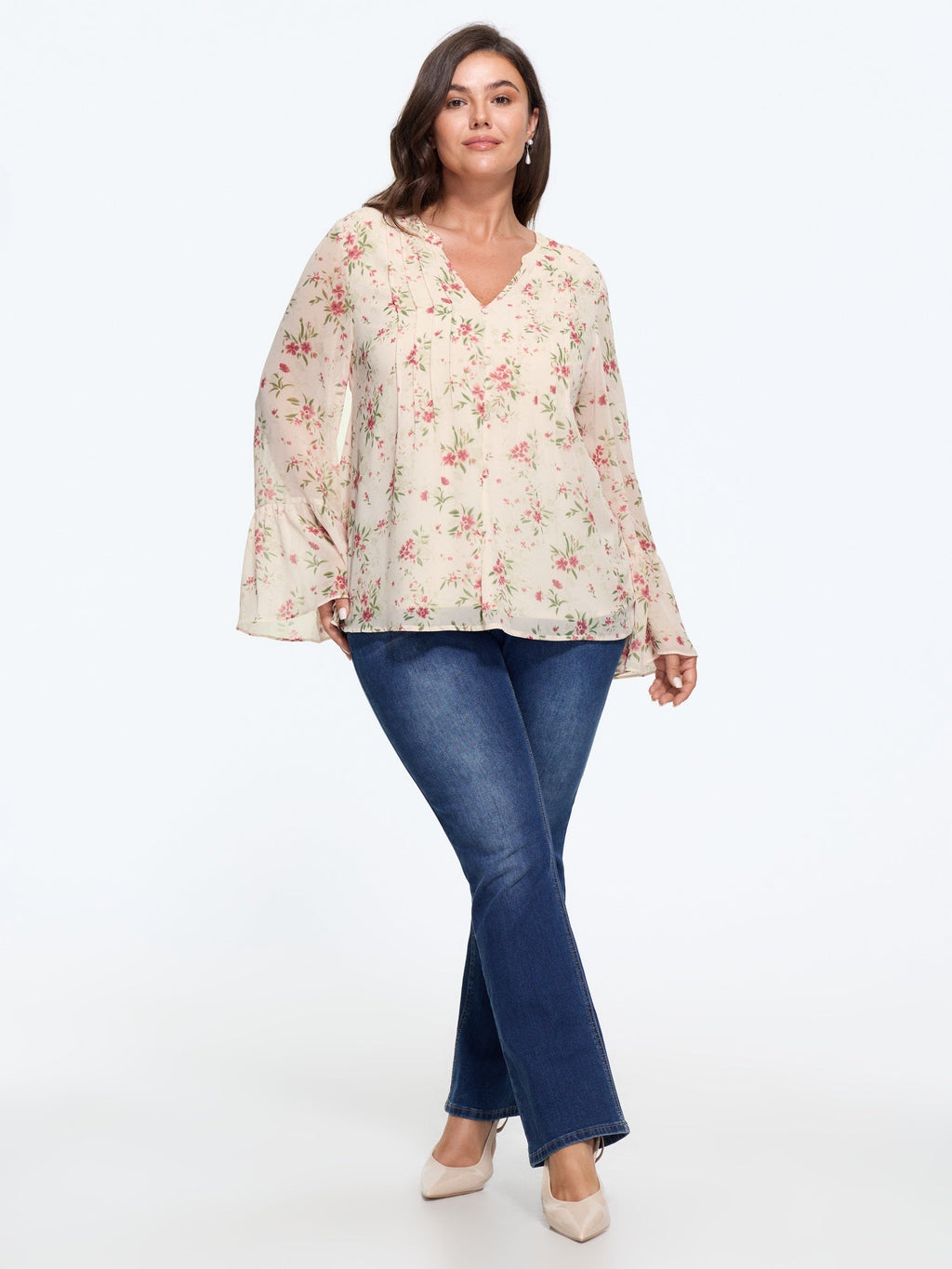 Floral Print Front Button Pleated Chiffon Blouse