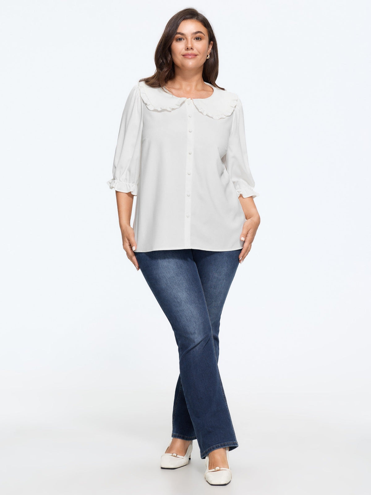 Peter Pan Collar Puff Sleeve Ruffle Blouse